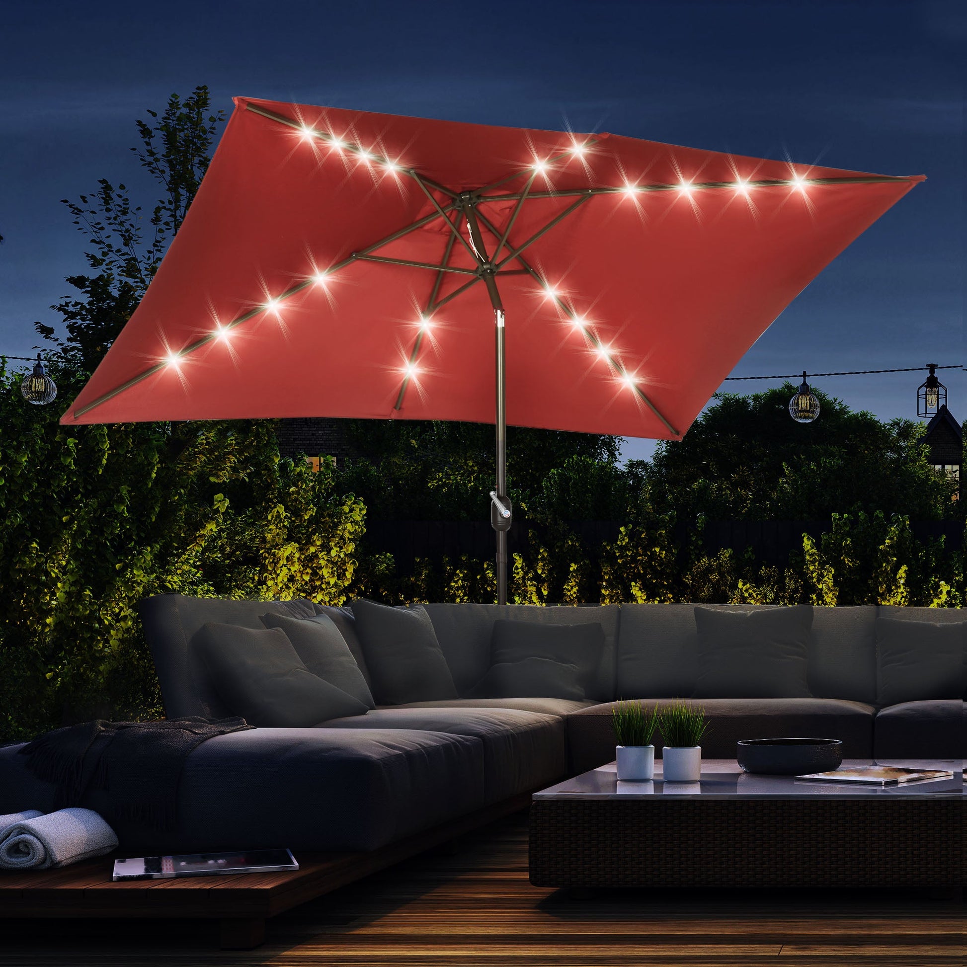 6.5x10ft Patio Umbrella Rectangle Solar Powered Tilt Aluminum Outdoor Market Parasol with LEDs Crank (Wine Red)