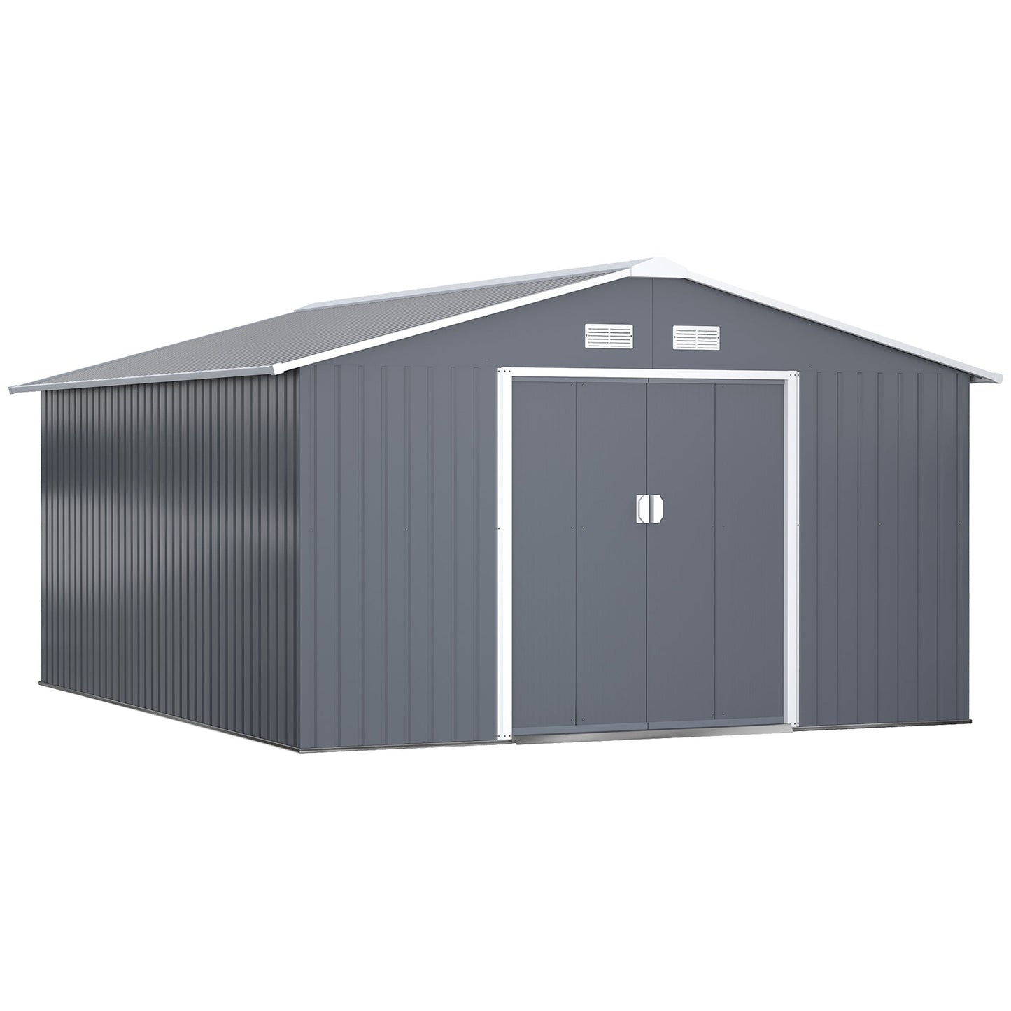 11' x 13' Garden Storage Shed with Foundation Kit, Metal Tool Storage House with Double Doors for Outdoor Patio Yard, Grey
