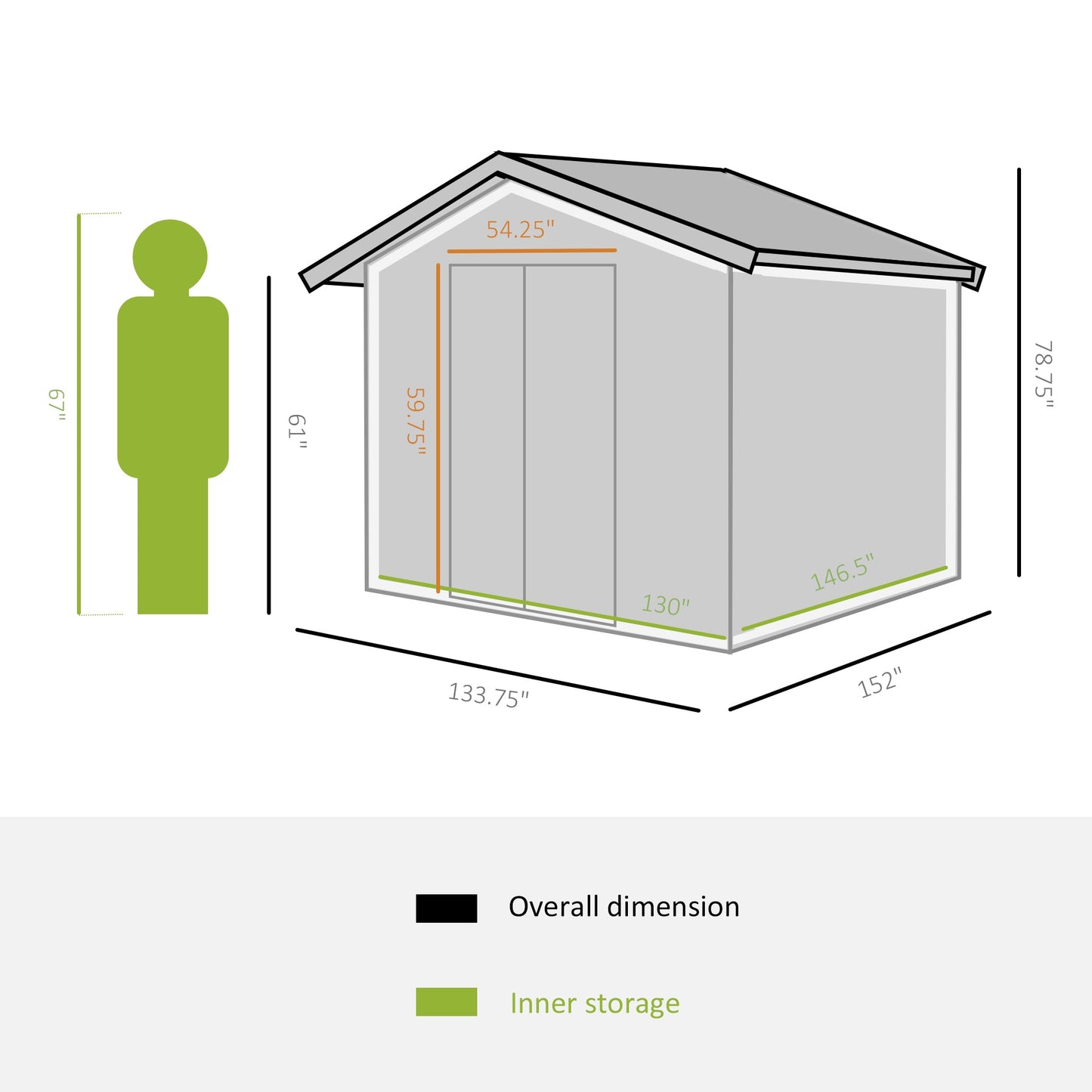 11' x 13' Practical Backyard Garden Storage Tool Shed Double Sliding Door 4 Ventilation Slots, Grey