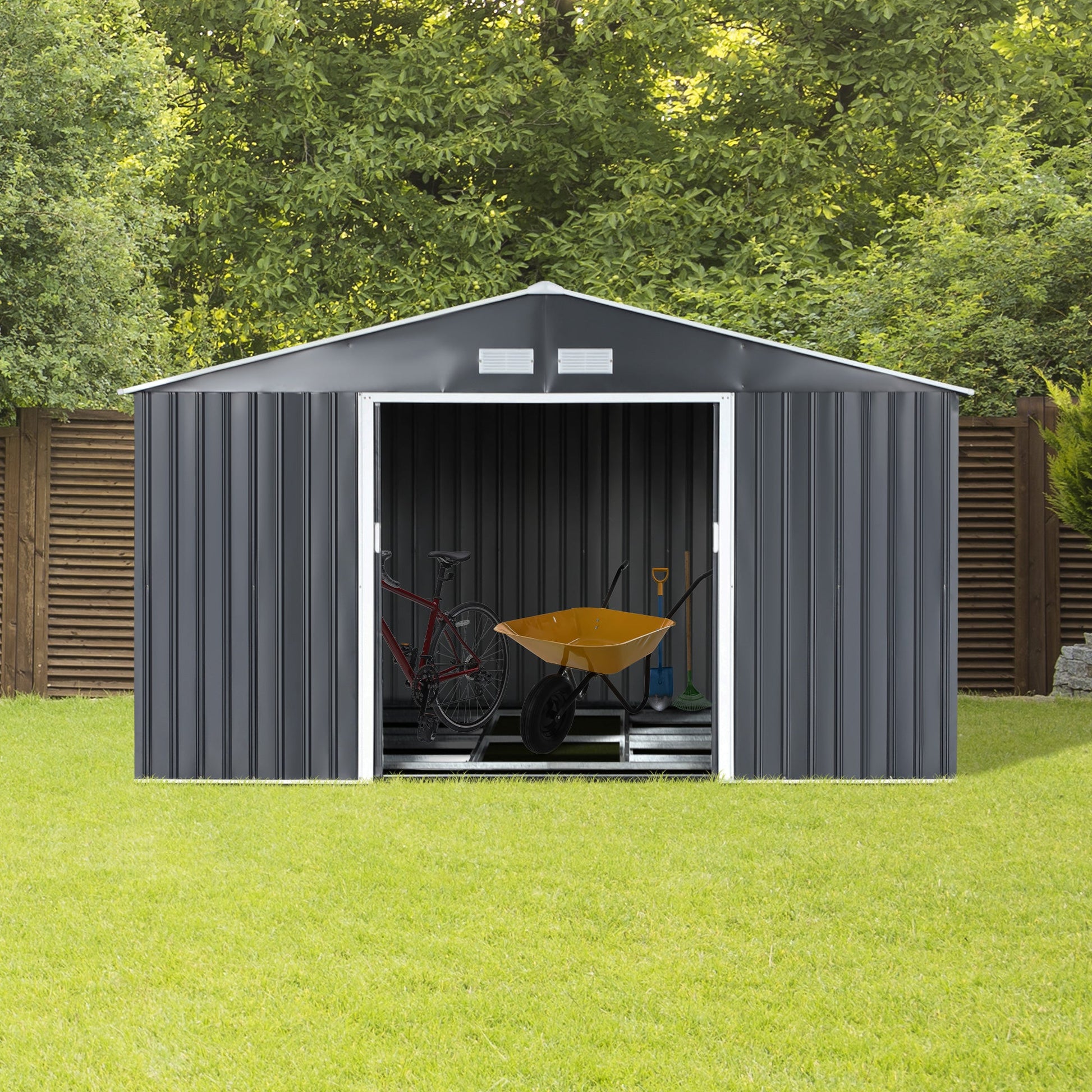 11' x 13' Practical Backyard Garden Storage Tool Shed Double Sliding Door 4 Ventilation Slots, Grey