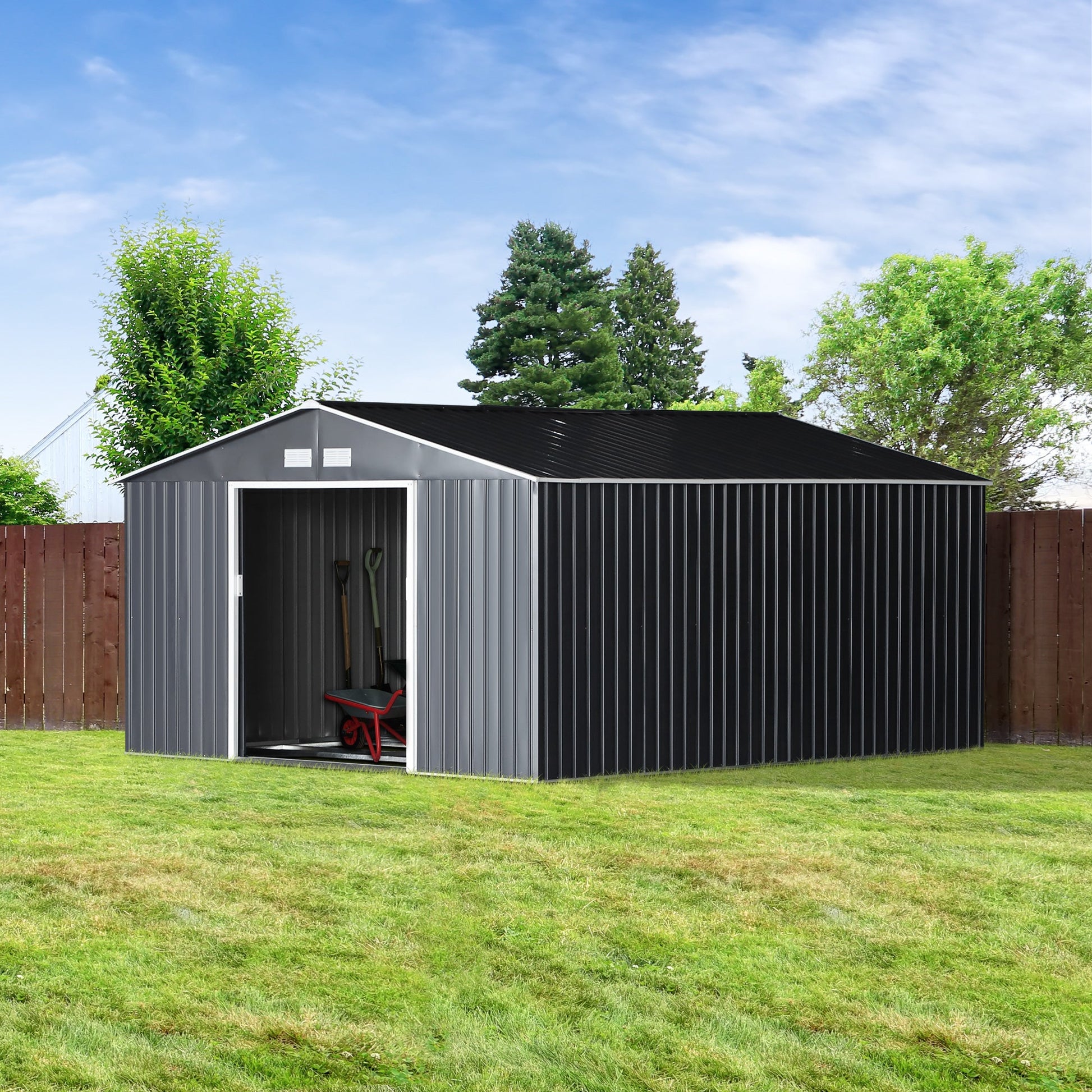 11' x 13' Practical Backyard Garden Storage Tool Shed Double Sliding Door 4 Ventilation Slots, Grey