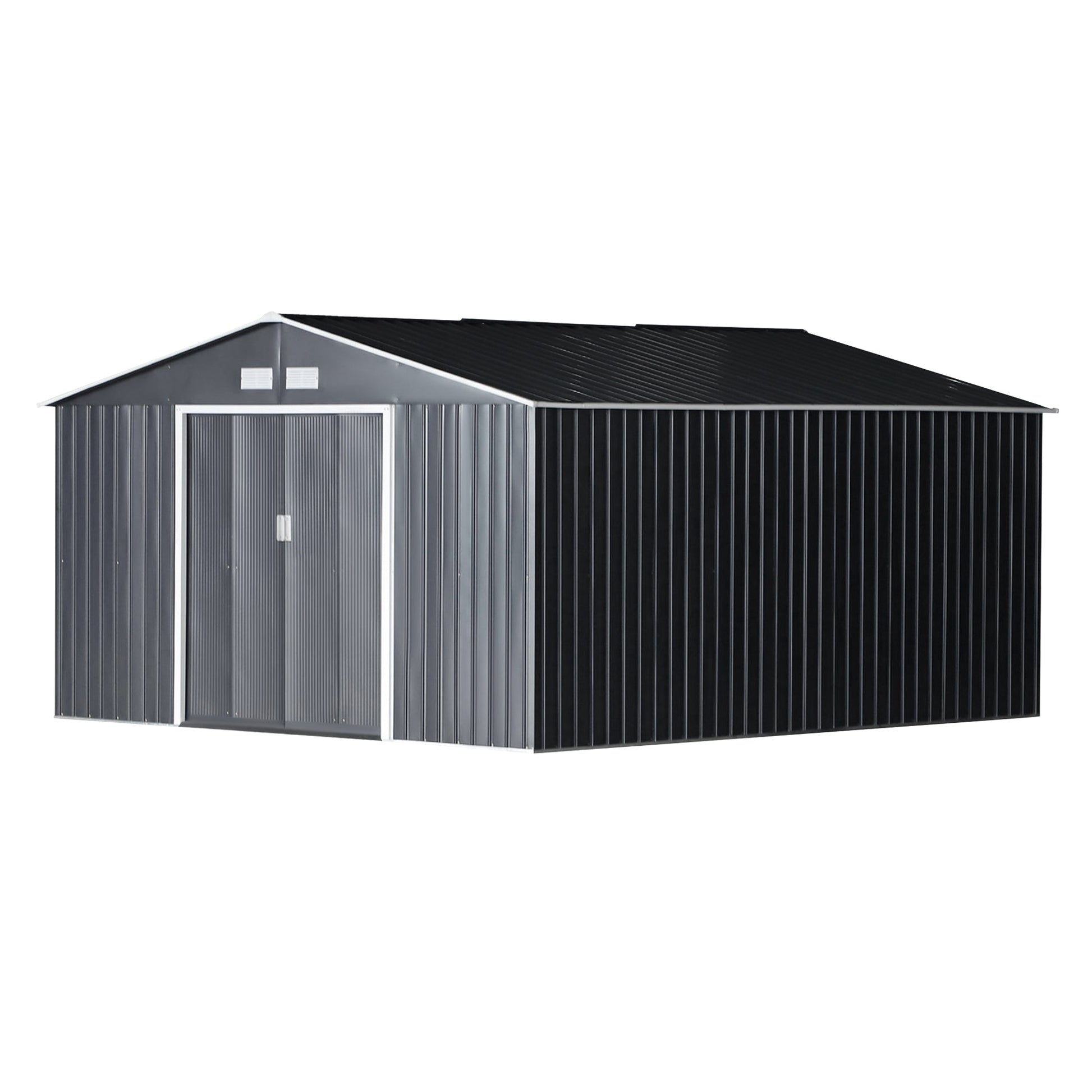 11' x 13' Practical Backyard Garden Storage Tool Shed Double Sliding Door 4 Ventilation Slots, Grey
