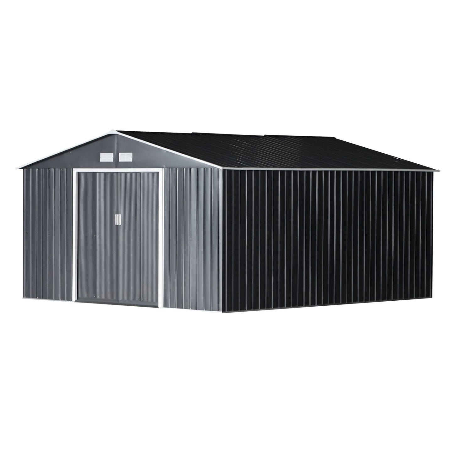 11' x 13' Practical Backyard Garden Storage Tool Shed Double Sliding Door 4 Ventilation Slots, Grey
