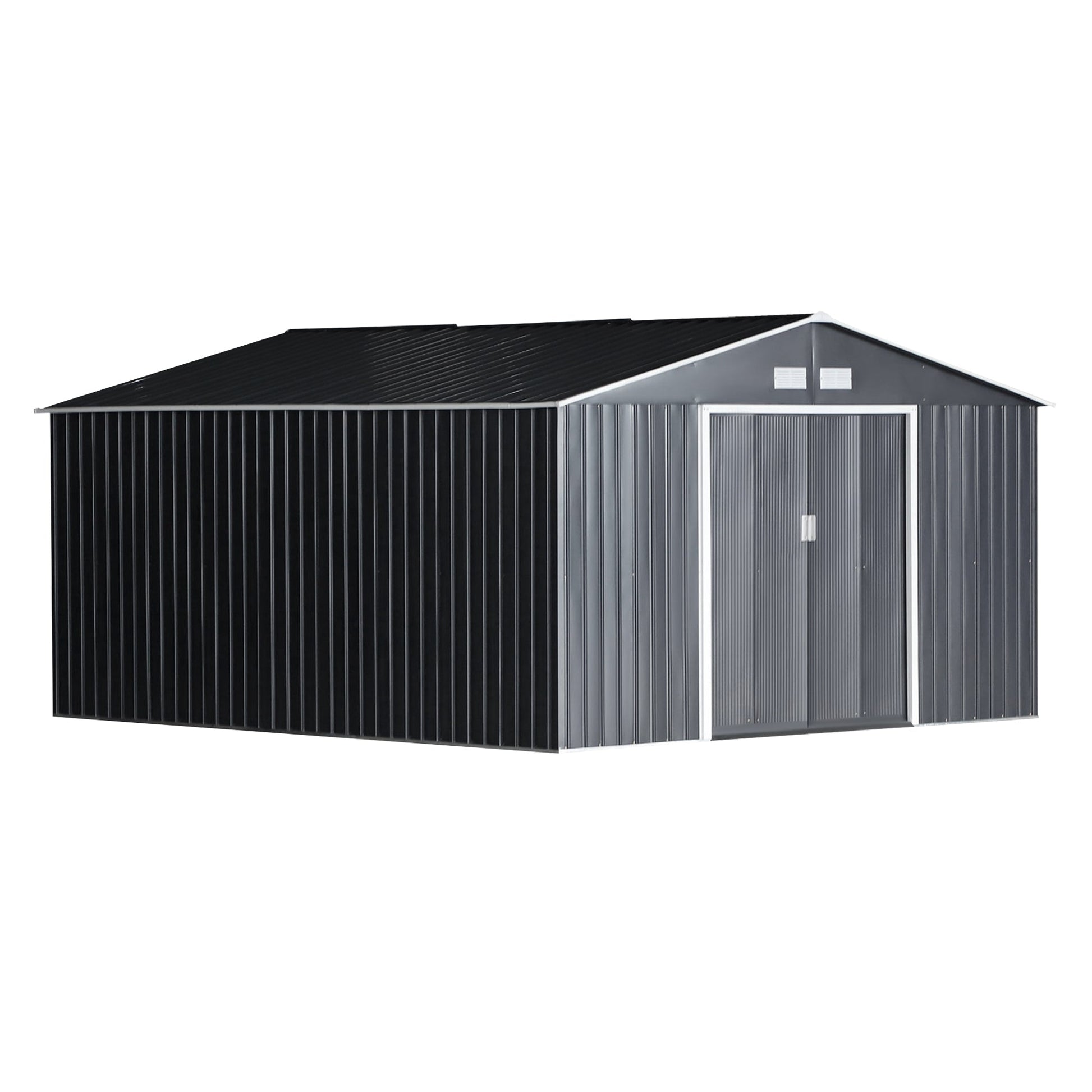 11' x 13' Practical Backyard Garden Storage Tool Shed Double Sliding Door 4 Ventilation Slots, Grey