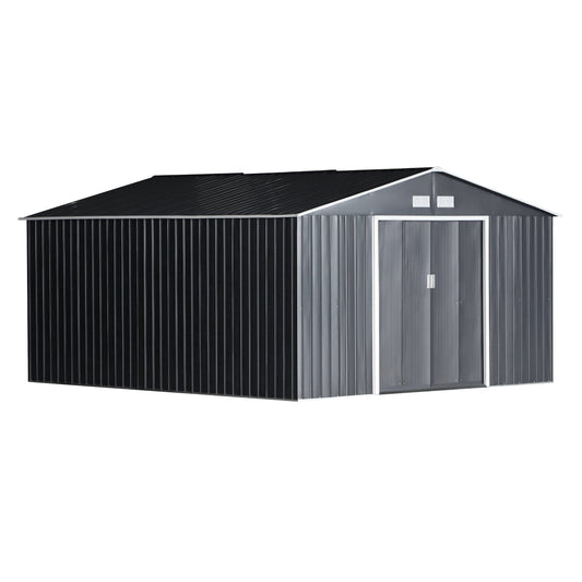 11' x 13' Practical Backyard Garden Storage Tool Shed Double Sliding Door 4 Ventilation Slots, Grey