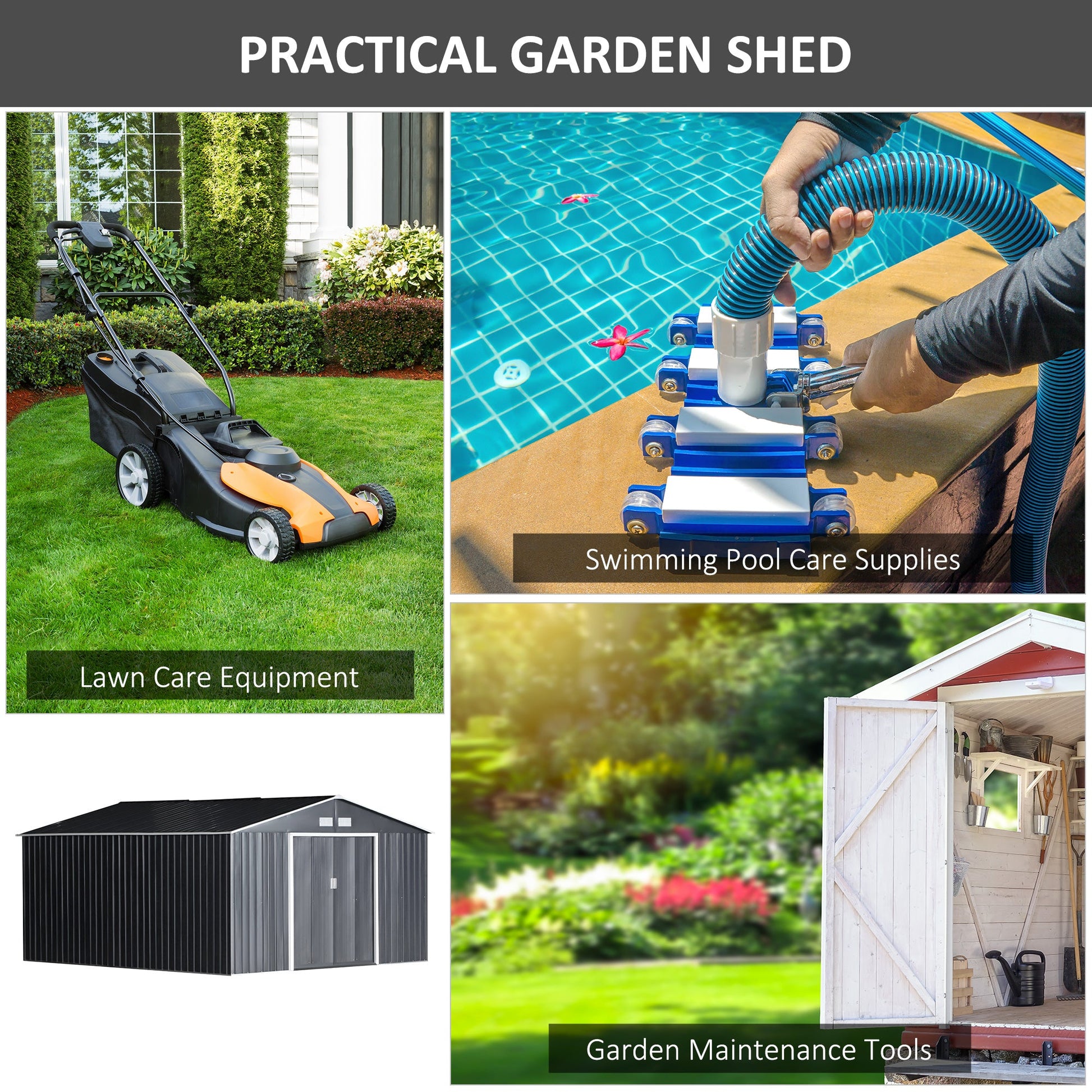 11' x 13' Practical Backyard Garden Storage Tool Shed Double Sliding Door 4 Ventilation Slots, Grey