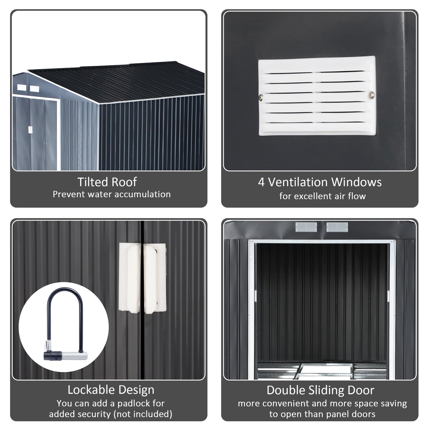 11' x 13' Practical Backyard Garden Storage Tool Shed Double Sliding Door 4 Ventilation Slots, Grey