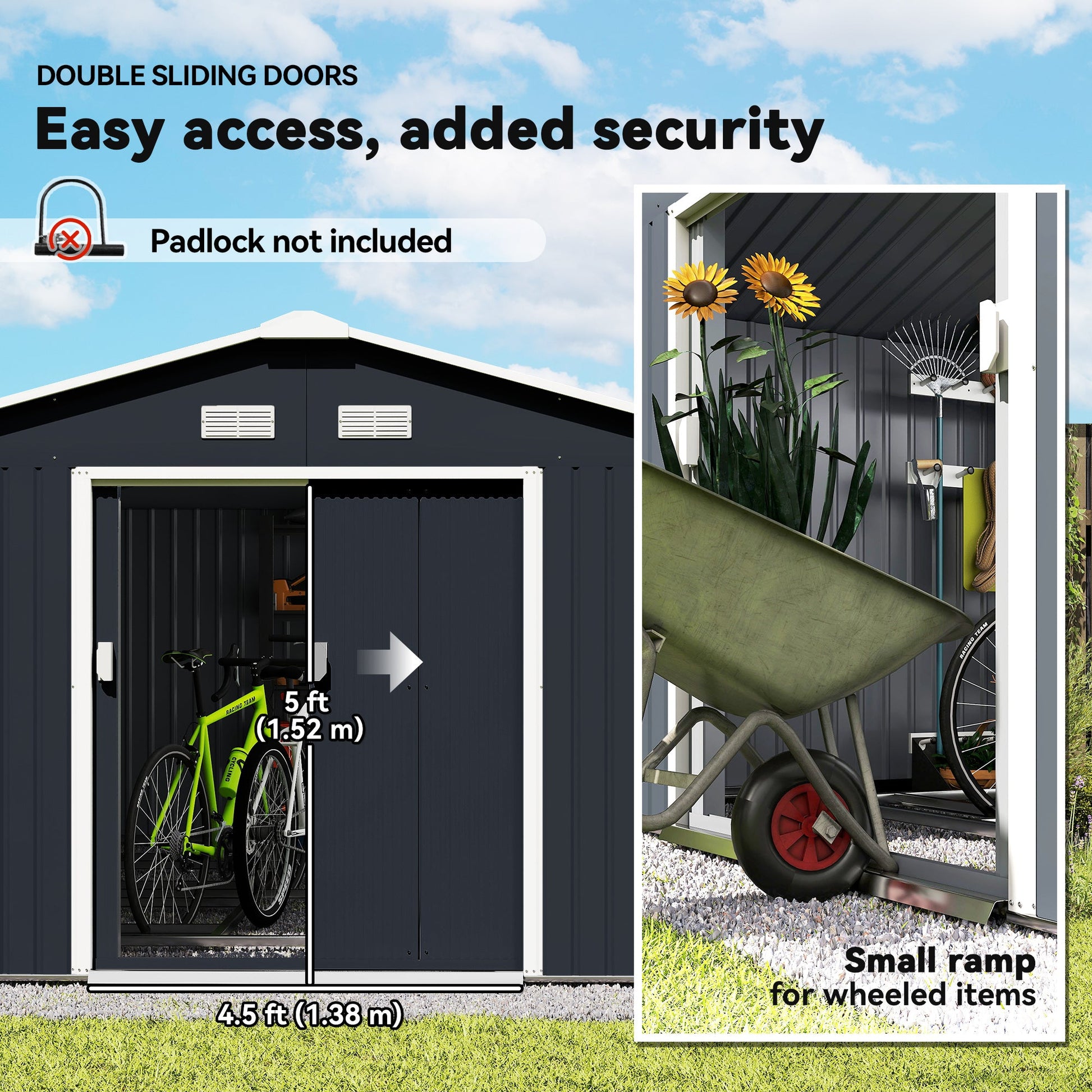 11' x 13' Garden Storage Shed with Foundation Kit, Metal Tool Storage House with Double Doors for Outdoor Patio Yard, Grey