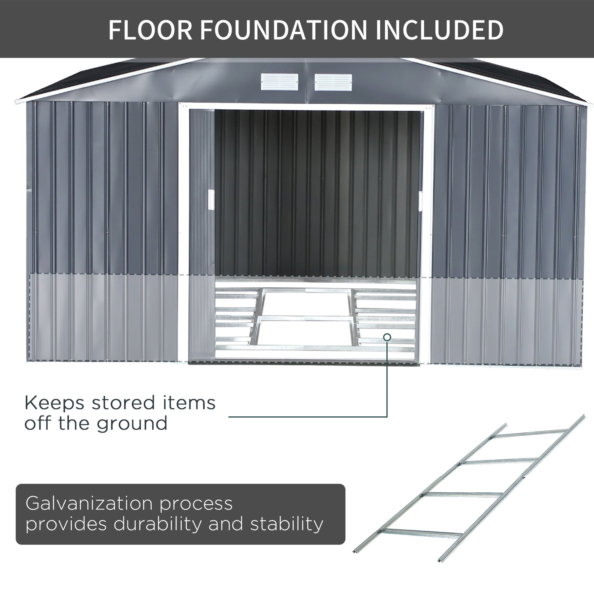 11' x 13' Practical Backyard Garden Storage Tool Shed Double Sliding Door 4 Ventilation Slots, Grey