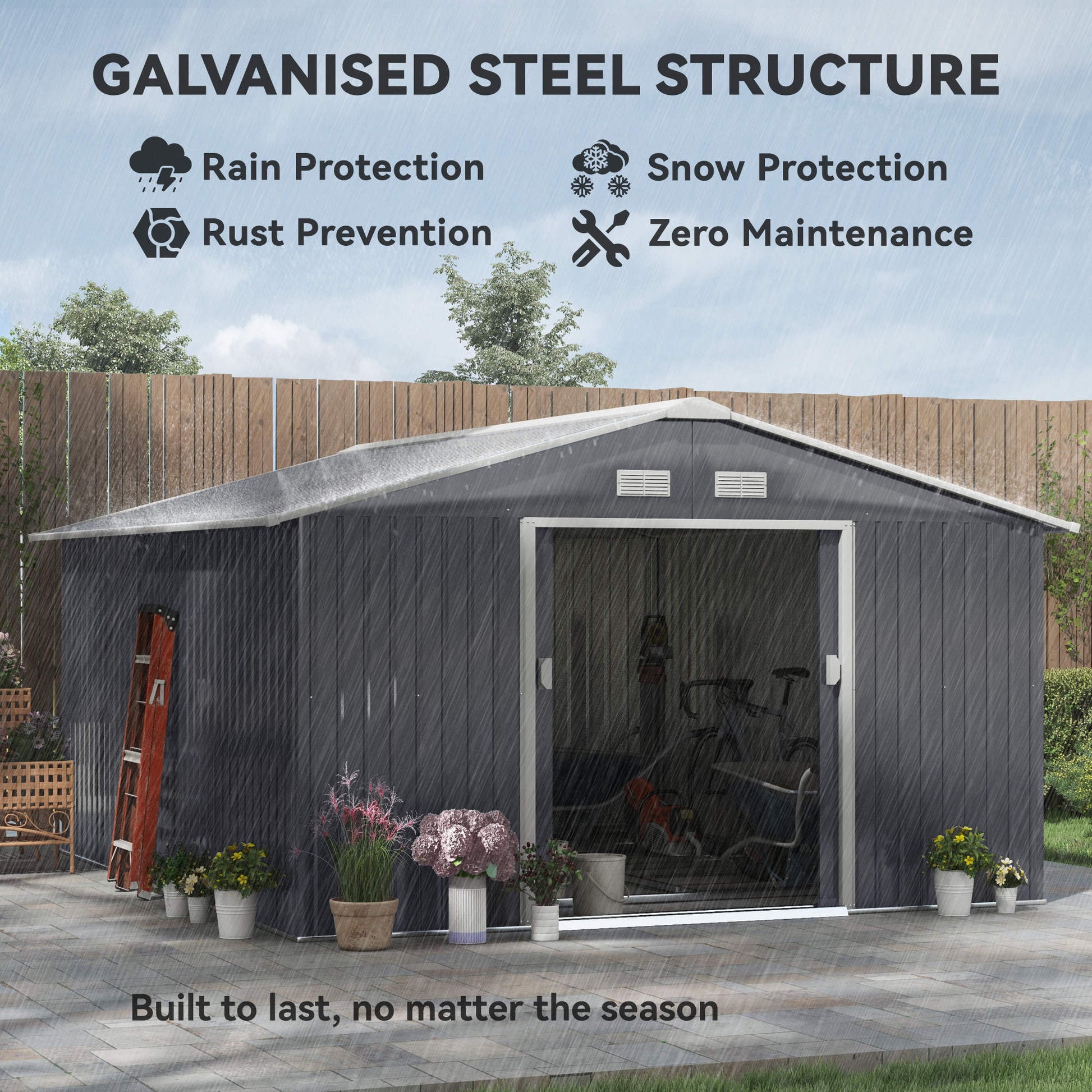 11' x 13' Garden Storage Shed with Foundation Kit, Metal Tool Storage House with Double Doors for Outdoor Patio Yard, Grey