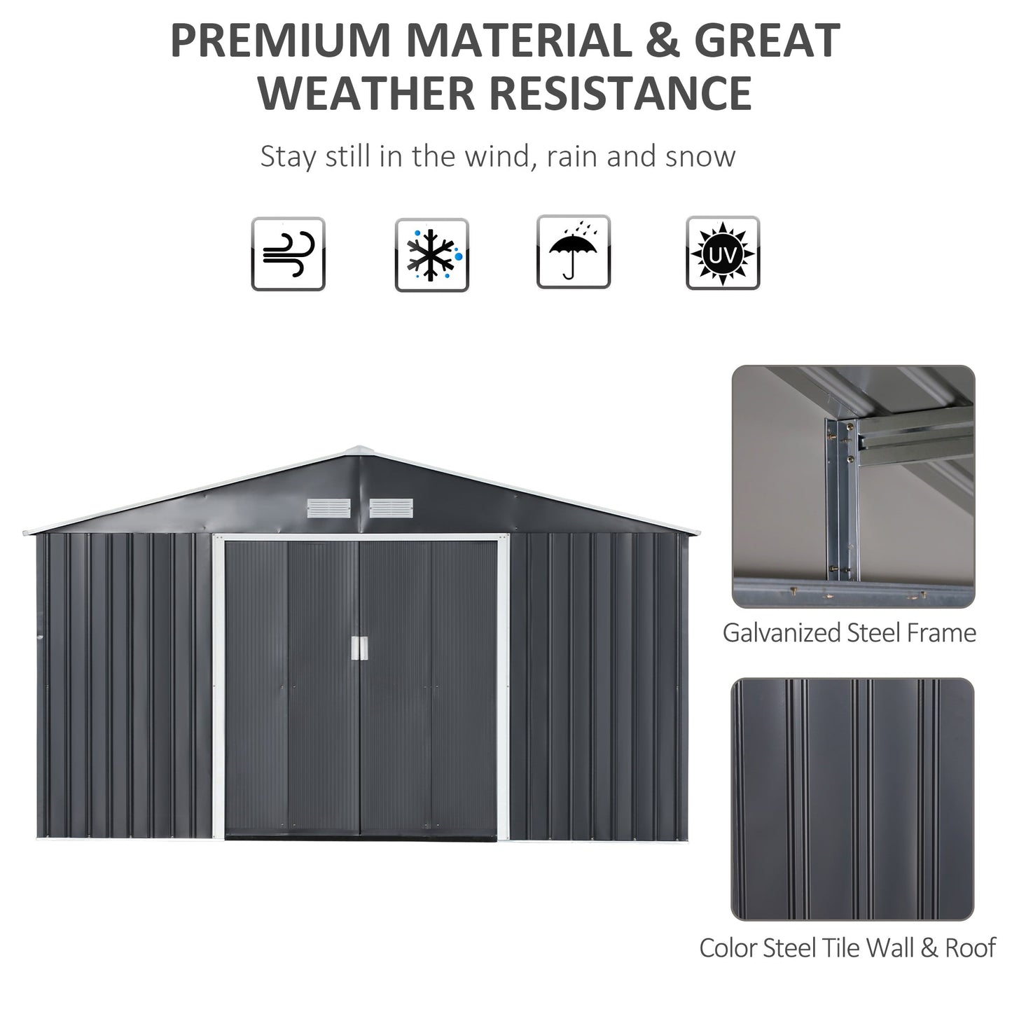 11' x 13' Practical Backyard Garden Storage Tool Shed Double Sliding Door 4 Ventilation Slots, Grey