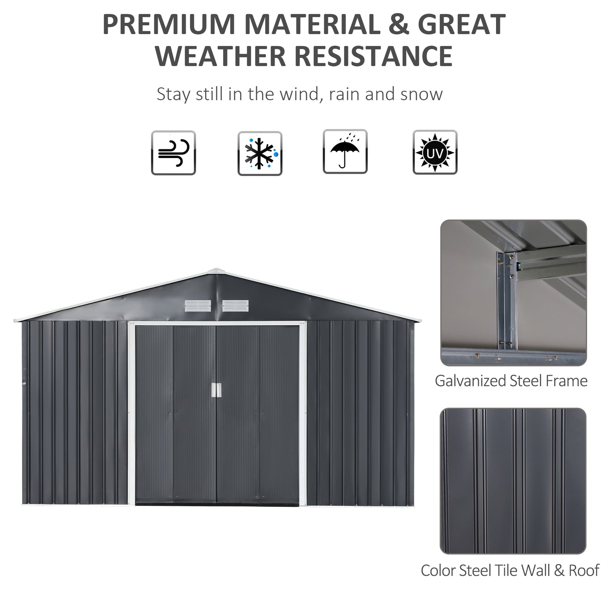 11' x 13' Practical Backyard Garden Storage Tool Shed Double Sliding Door 4 Ventilation Slots, Grey