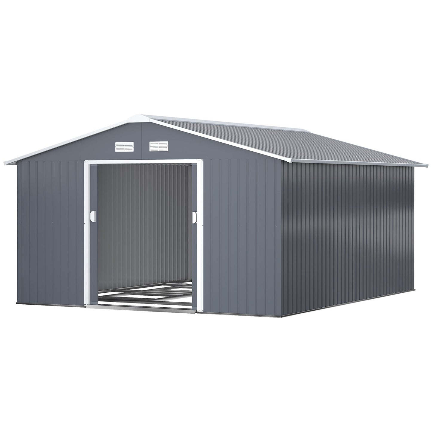 11' x 13' Garden Storage Shed with Foundation Kit, Metal Tool Storage House with Double Doors for Outdoor Patio Yard, Grey
