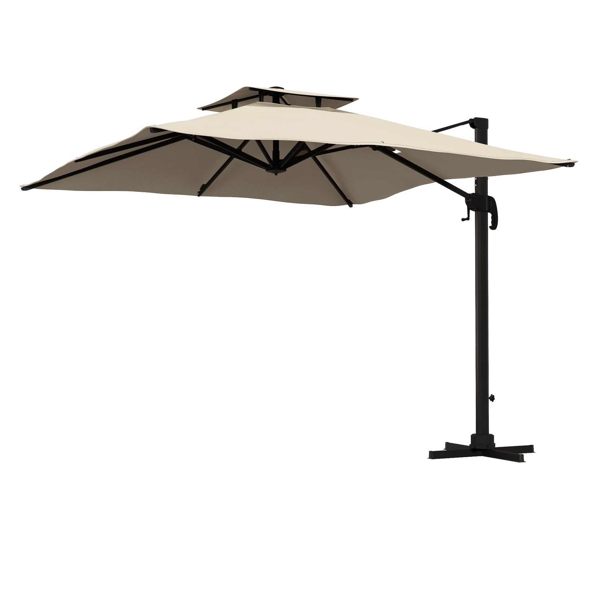 10ft Square Cantilever Patio Umbrella, 360° Rotating Overhanging Umbrella with Cross Base, Crank Handle, Double Canopy, 8 Ribs, 250gsm Polyester, Khaki