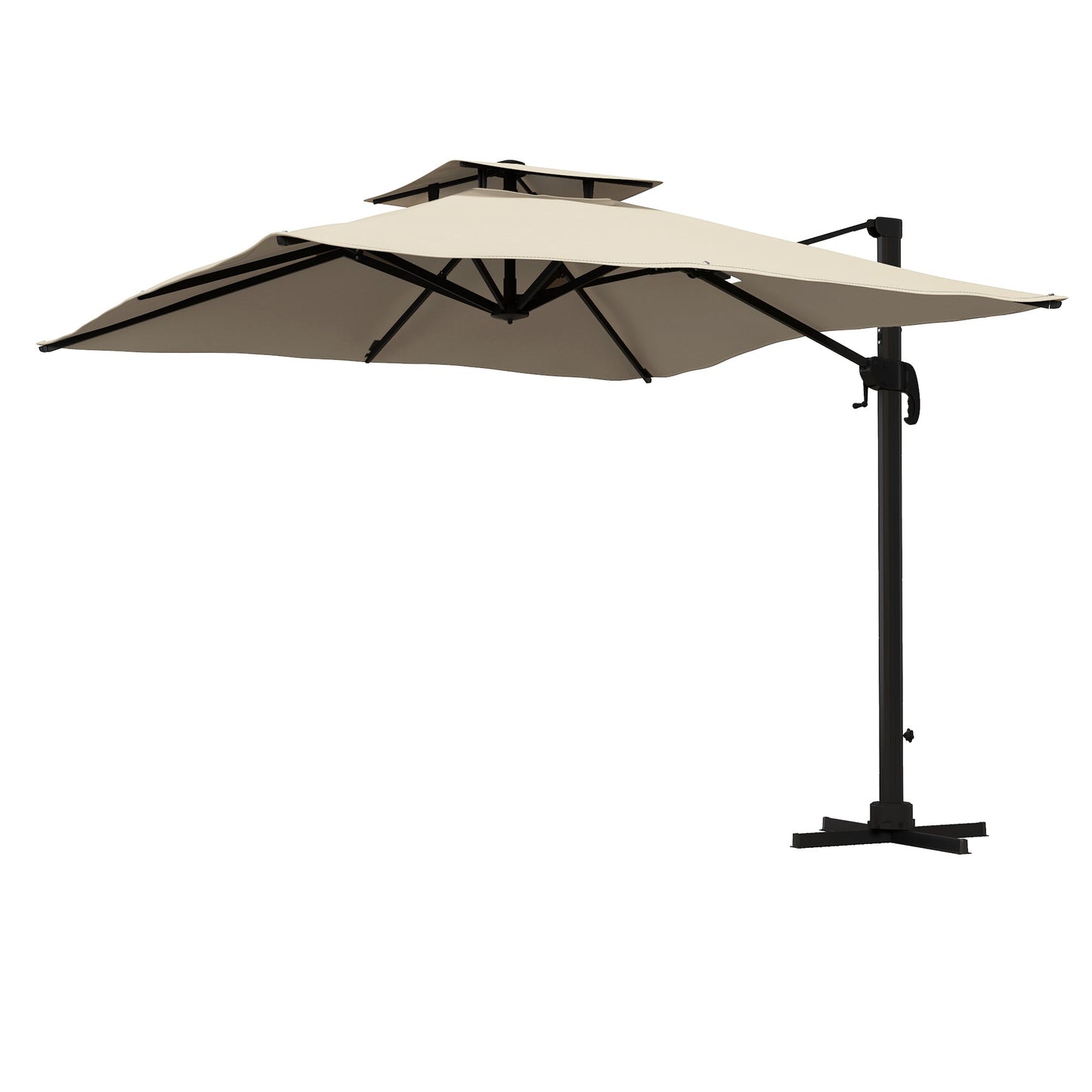 10ft Square Cantilever Patio Umbrella, 360° Rotating Overhanging Umbrella with Cross Base, Crank Handle, Double Canopy, 8 Ribs, 250gsm Polyester, Khaki