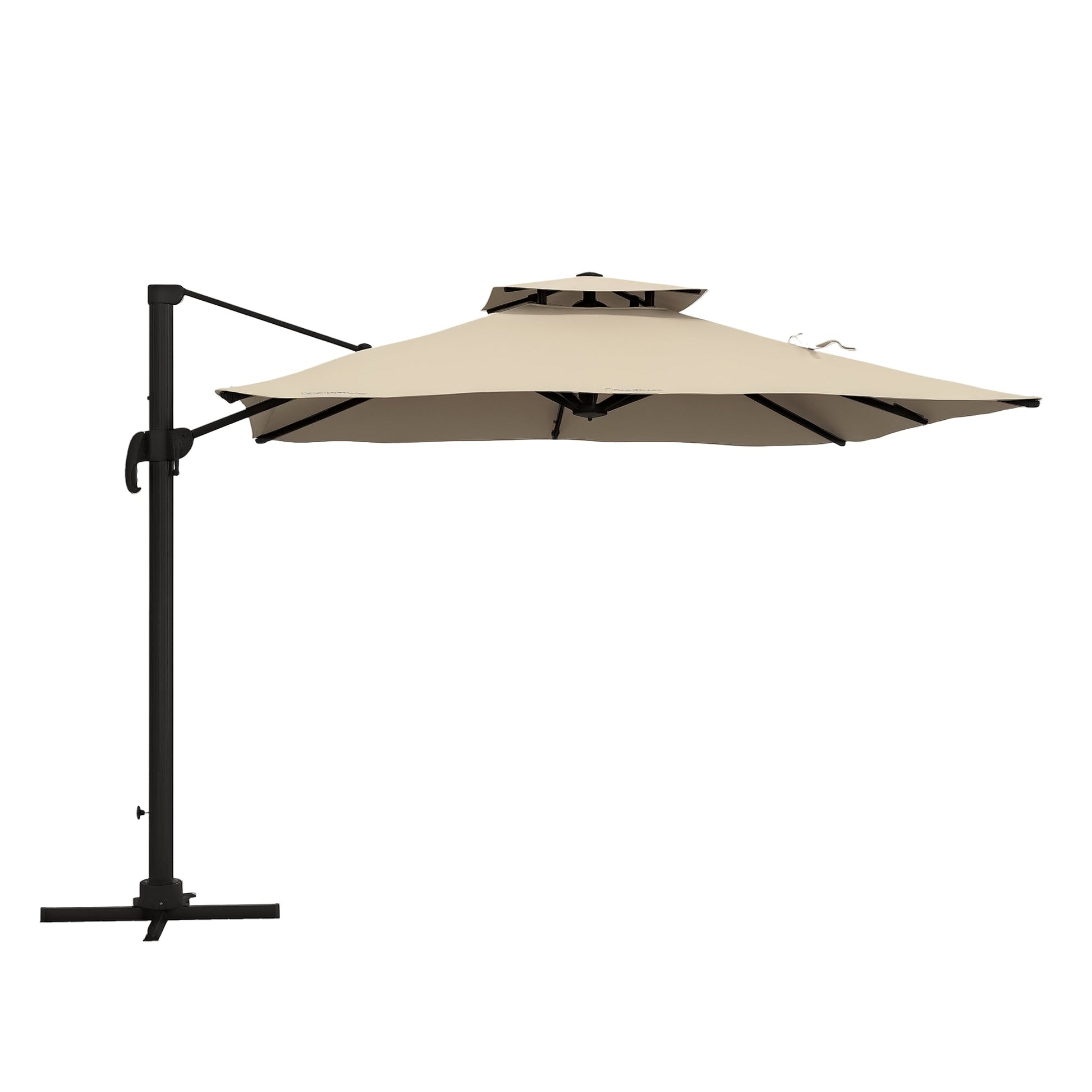 10ft Square Cantilever Patio Umbrella, 360° Rotating Overhanging Umbrella with Cross Base, Crank Handle, Double Canopy, 8 Ribs, 250gsm Polyester, Khaki