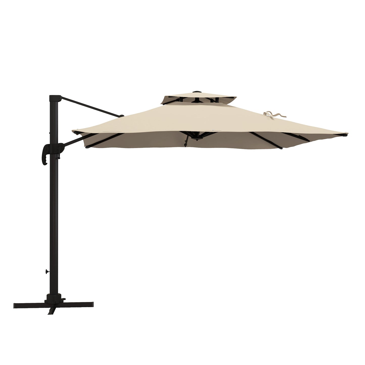 10ft Square Cantilever Patio Umbrella, 360° Rotating Overhanging Umbrella with Cross Base, Crank Handle, Double Canopy, 8 Ribs, 250gsm Polyester, Khaki