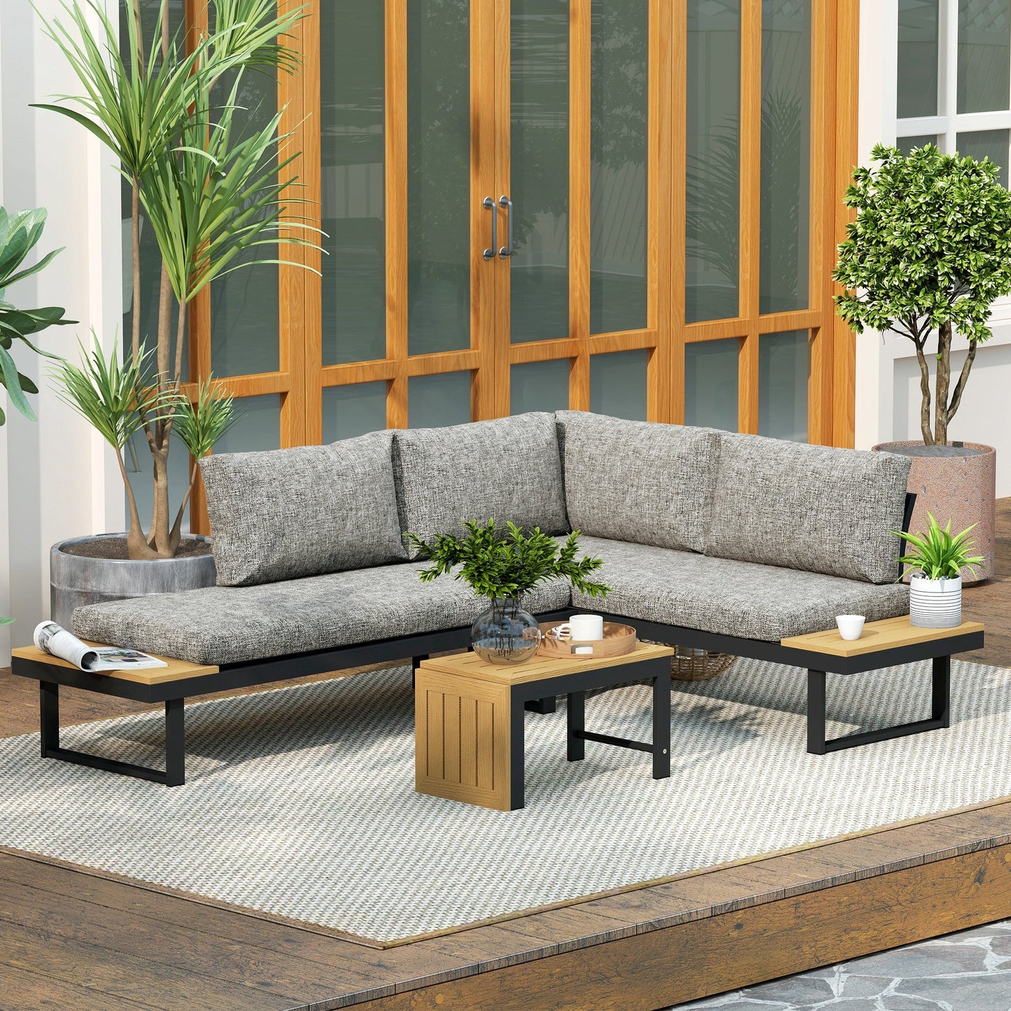 3 Pieces Sectional Patio Furniture Set with 2 Loveseats, WPC Coffee Table, L Shaped Aluminum Outdoor Furniture Sofa Set with Removable Backs, Thick Cushions, Light Grey