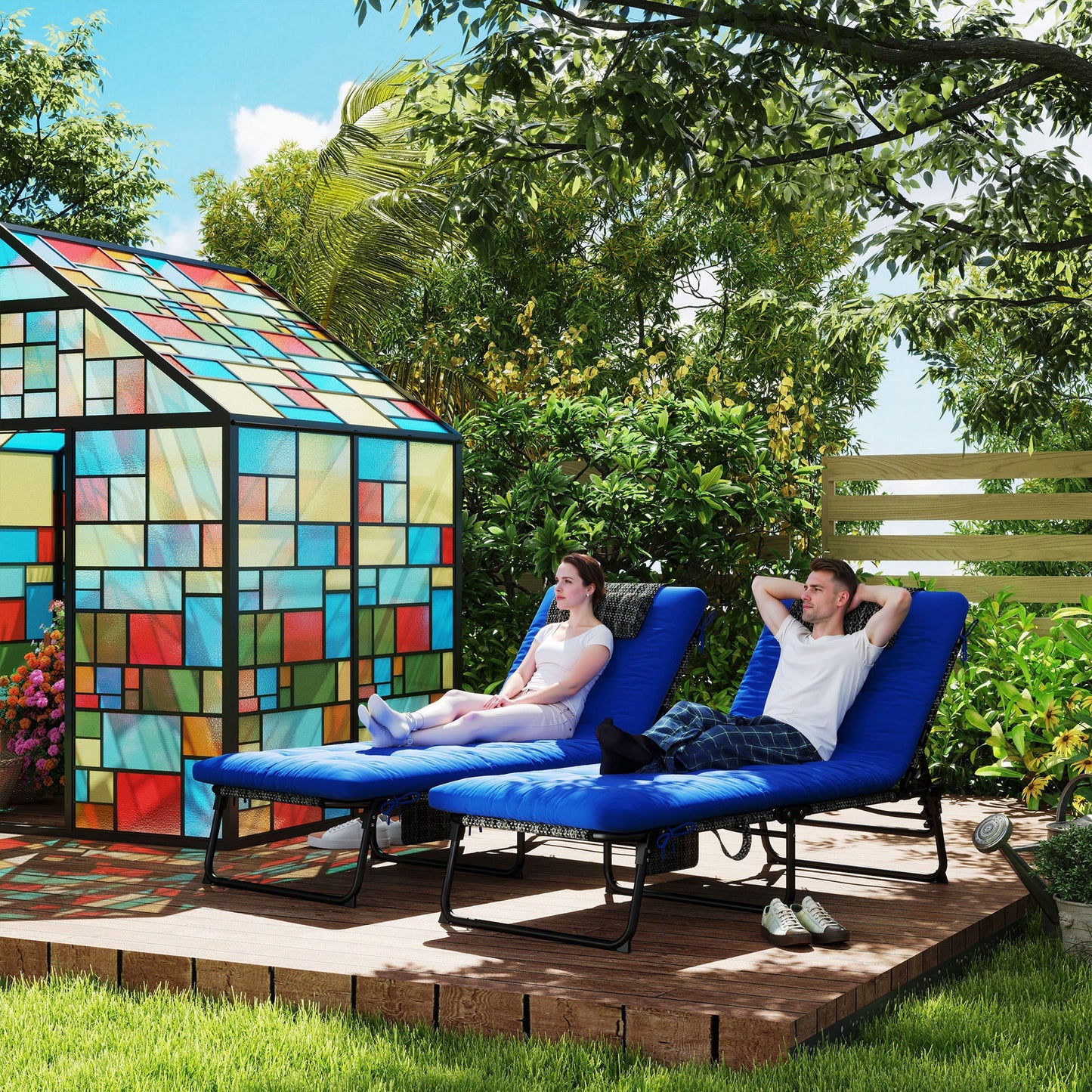 2 Pieces Folding Lounge Chairs with 4-level Reclining Back, Outdoor Tanning Chair with Cushion, Sun Lounger with Breathable Mesh Fabric, Side Pocket, Headrest, Blue