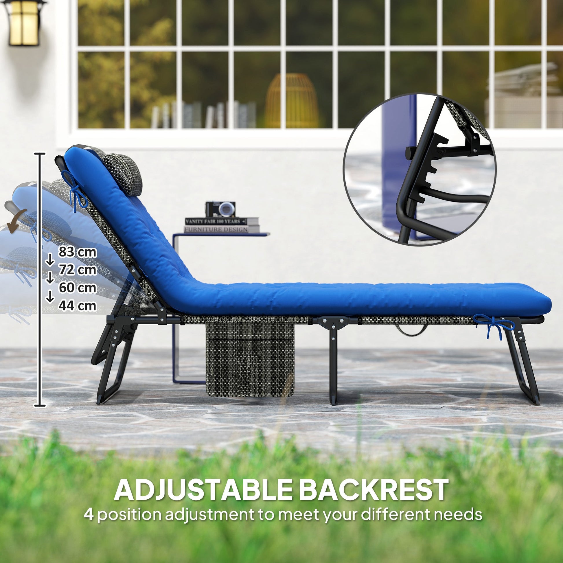 2 Pieces Folding Lounge Chairs with 4-level Reclining Back, Outdoor Tanning Chair with Cushion, Sun Lounger with Breathable Mesh Fabric, Side Pocket, Headrest, Blue