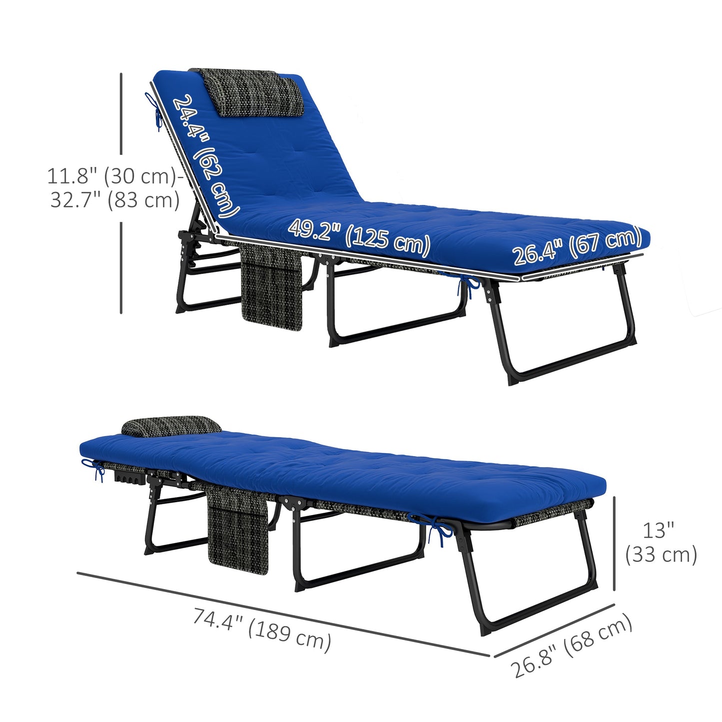 2 Pieces Folding Lounge Chairs with 4-level Reclining Back, Outdoor Tanning Chair with Cushion, Sun Lounger with Breathable Mesh Fabric, Side Pocket, Headrest, Blue