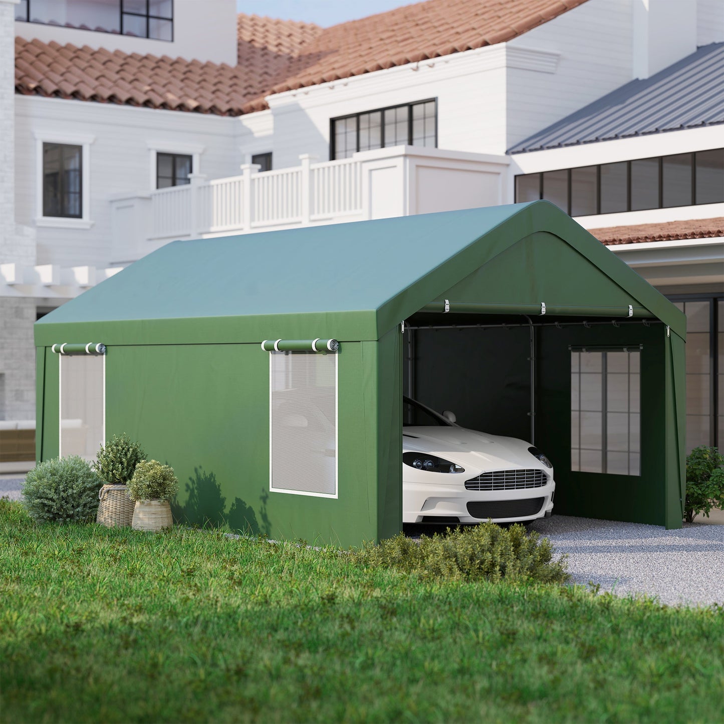 Carport, 12 x 20ft Portable Garage with 2 Roll-Up Doors and 4 Windows, Heavy Duty Outdoor Car Shelter with Removable Sidewalls for Car, Truck, Garden Tools, Dark Green