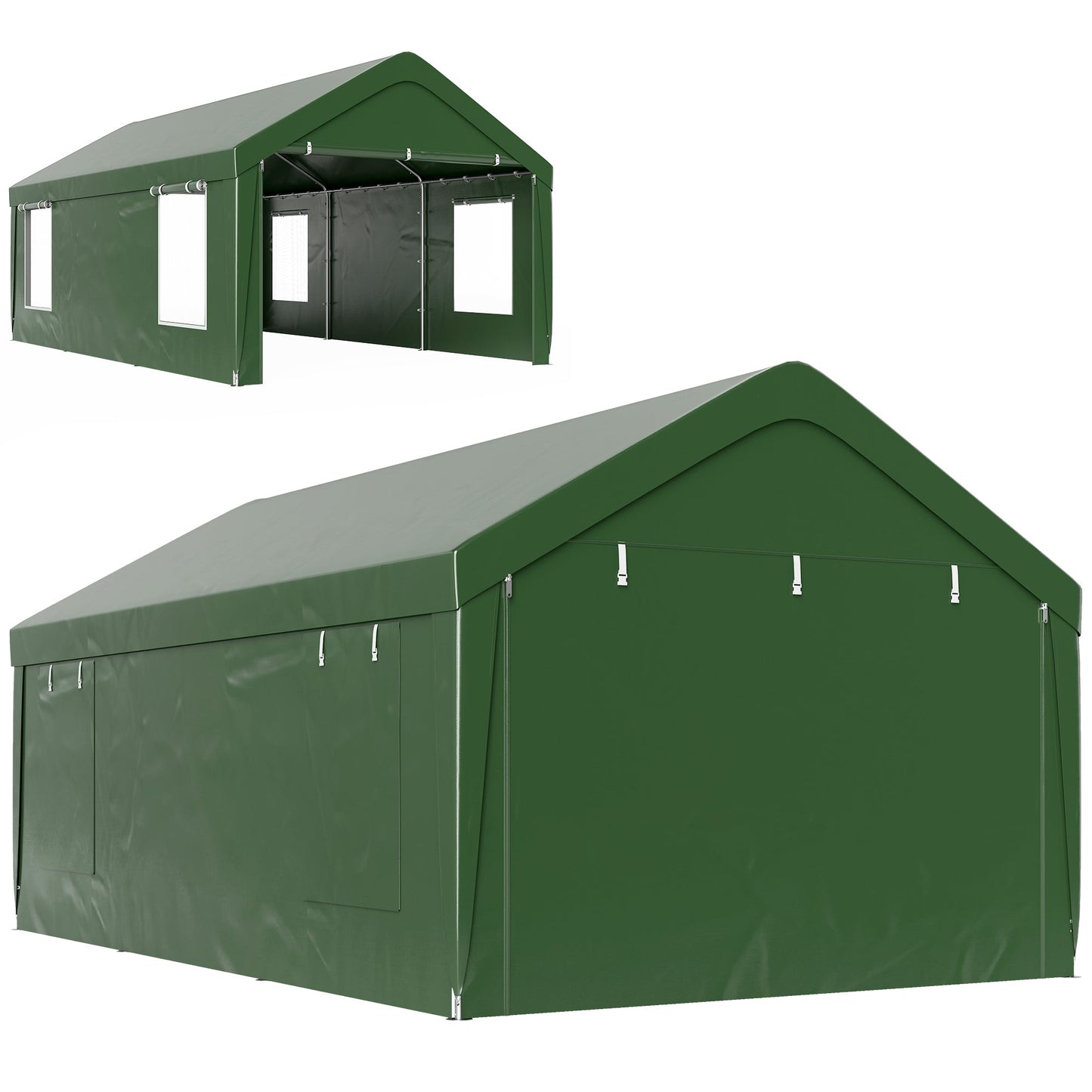 Carport, 12 x 20ft Portable Garage with 2 Roll-Up Doors and 4 Windows, Heavy Duty Outdoor Car Shelter with Removable Sidewalls for Car, Truck, Garden Tools, Dark Green