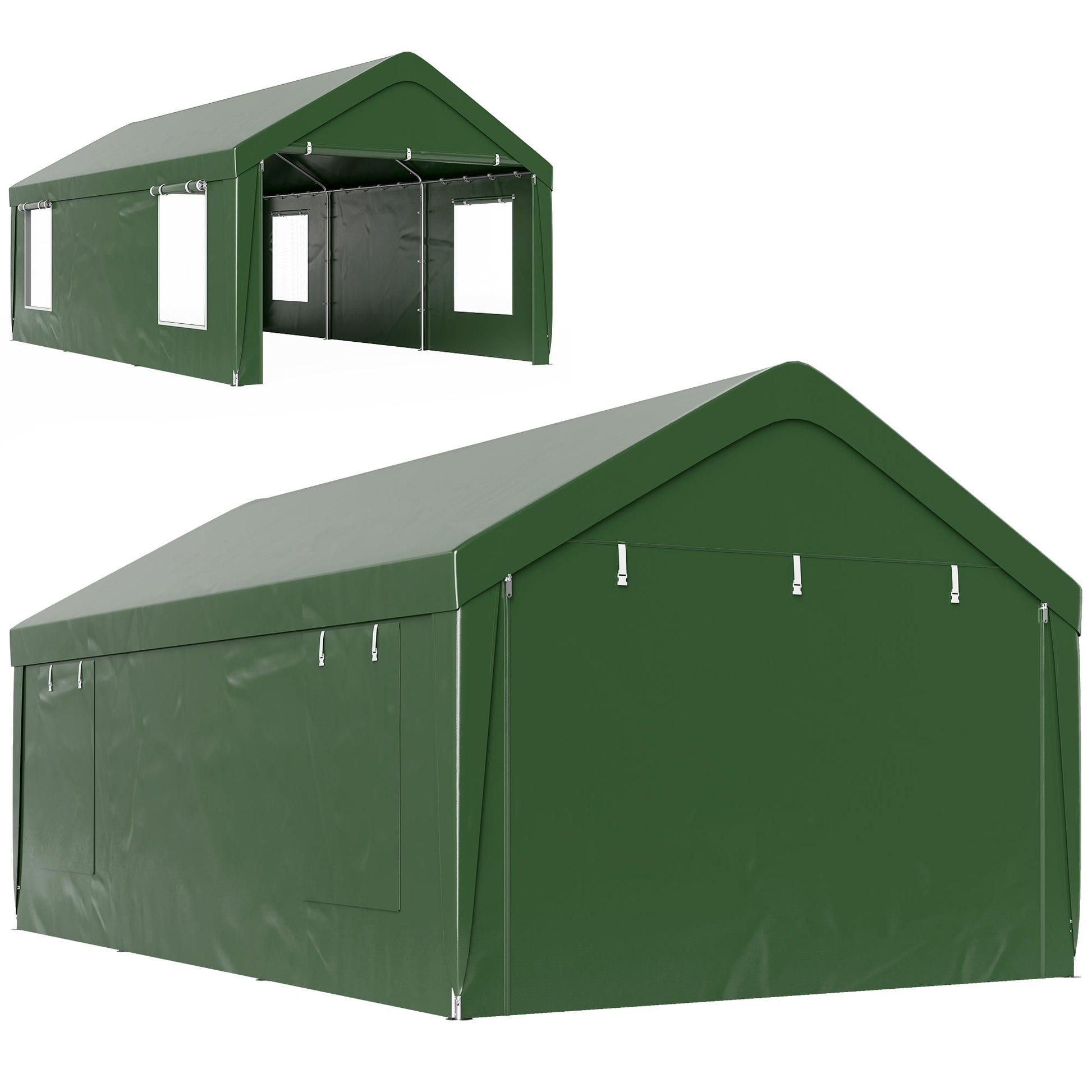 Carport, 12 x 20ft Portable Garage with 2 Roll-Up Doors and 4 Windows, Heavy Duty Outdoor Car Shelter with Removable Sidewalls for Car, Truck, Garden Tools, Dark Green