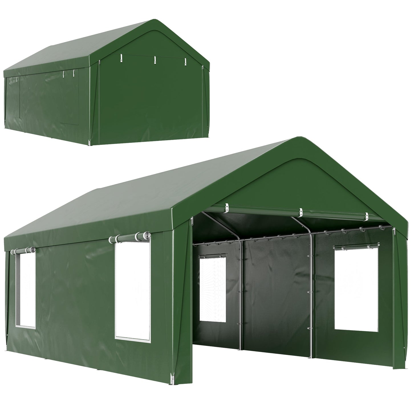 Carport, 12 x 20ft Portable Garage with 2 Roll-Up Doors and 4 Windows, Heavy Duty Outdoor Car Shelter with Removable Sidewalls for Car, Truck, Garden Tools, Dark Green
