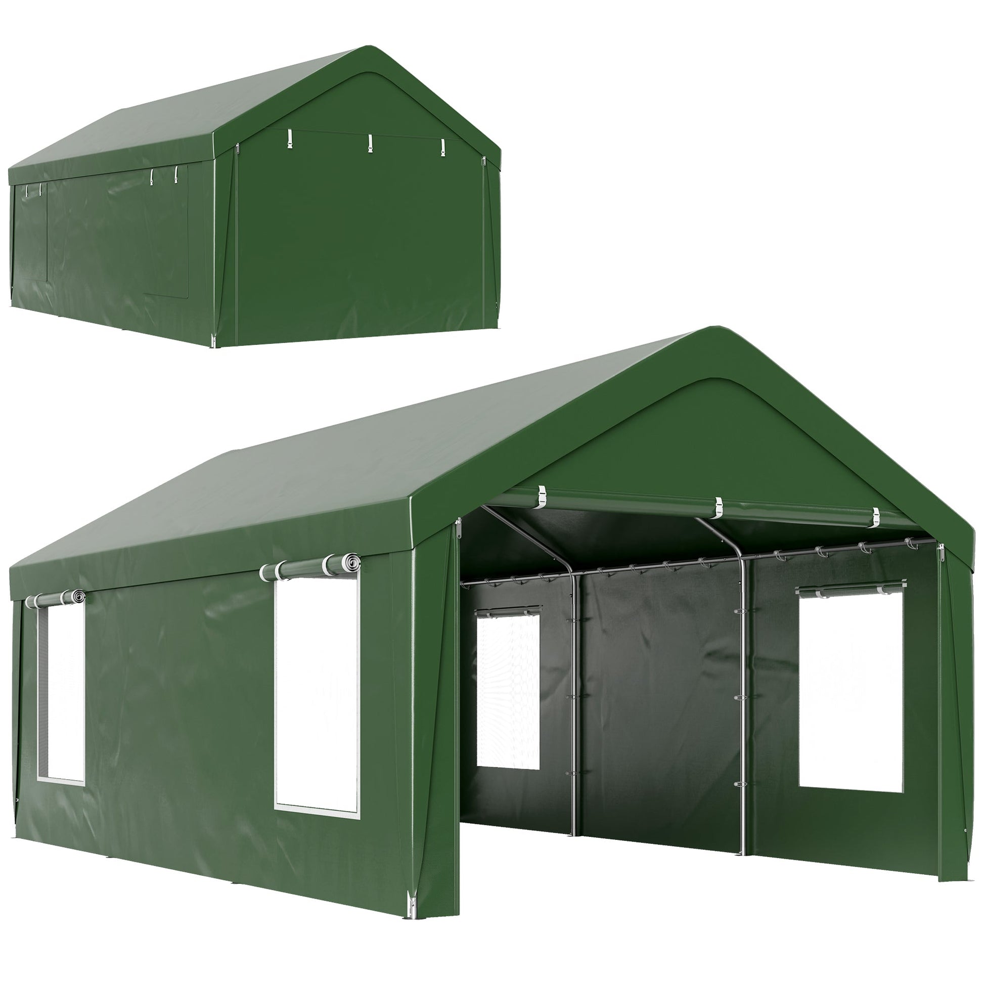 Carport, 12 x 20ft Portable Garage with 2 Roll-Up Doors and 4 Windows, Heavy Duty Outdoor Car Shelter with Removable Sidewalls for Car, Truck, Garden Tools, Dark Green