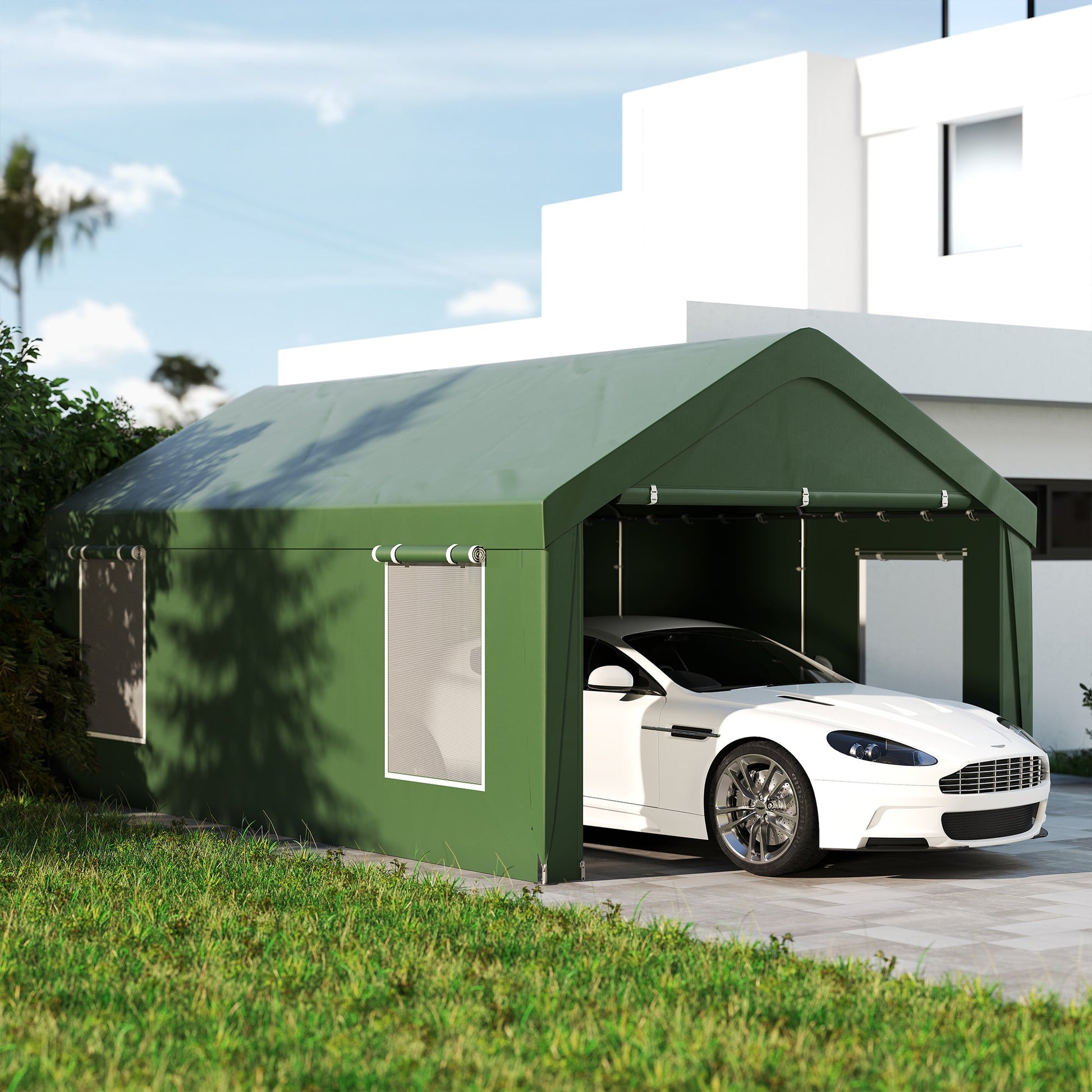 Carport, 12 x 20ft Portable Garage with 2 Roll-Up Doors and 4 Windows, Heavy Duty Outdoor Car Shelter with Removable Sidewalls for Car, Truck, Garden Tools, Dark Green
