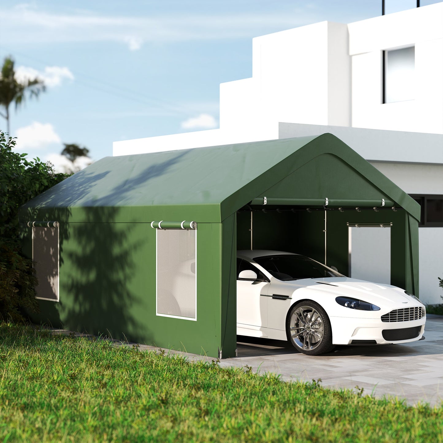 Carport, 12 x 20ft Portable Garage with 2 Roll-Up Doors and 4 Windows, Heavy Duty Outdoor Car Shelter with Removable Sidewalls for Car, Truck, Garden Tools, Dark Green