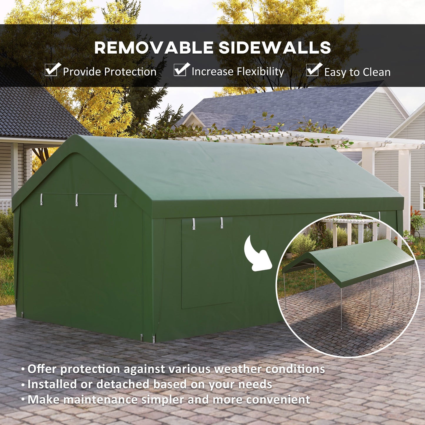 Carport, 12 x 20ft Portable Garage with 2 Roll-Up Doors and 4 Windows, Heavy Duty Outdoor Car Shelter with Removable Sidewalls for Car, Truck, Garden Tools, Dark Green