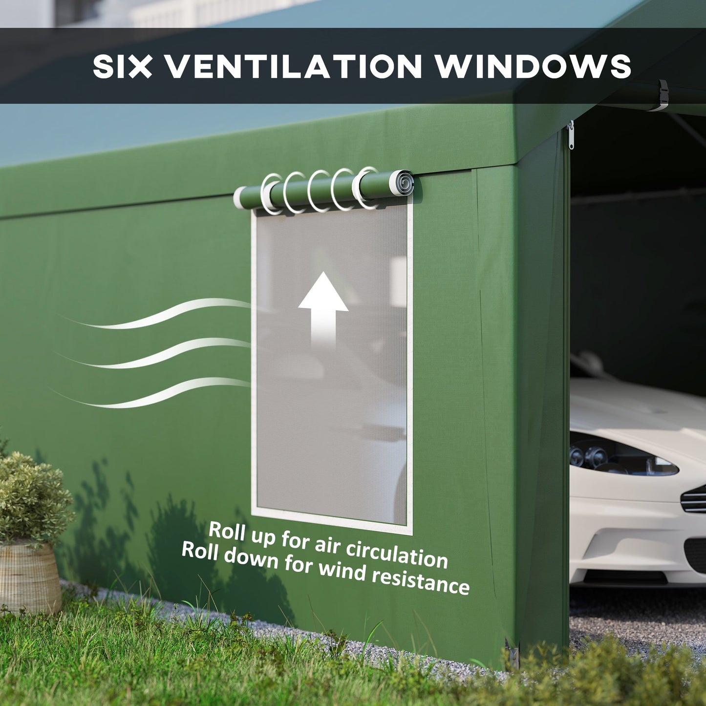 Carport, 12 x 20ft Portable Garage with 2 Roll-Up Doors and 4 Windows, Heavy Duty Outdoor Car Shelter with Removable Sidewalls for Car, Truck, Garden Tools, Dark Green