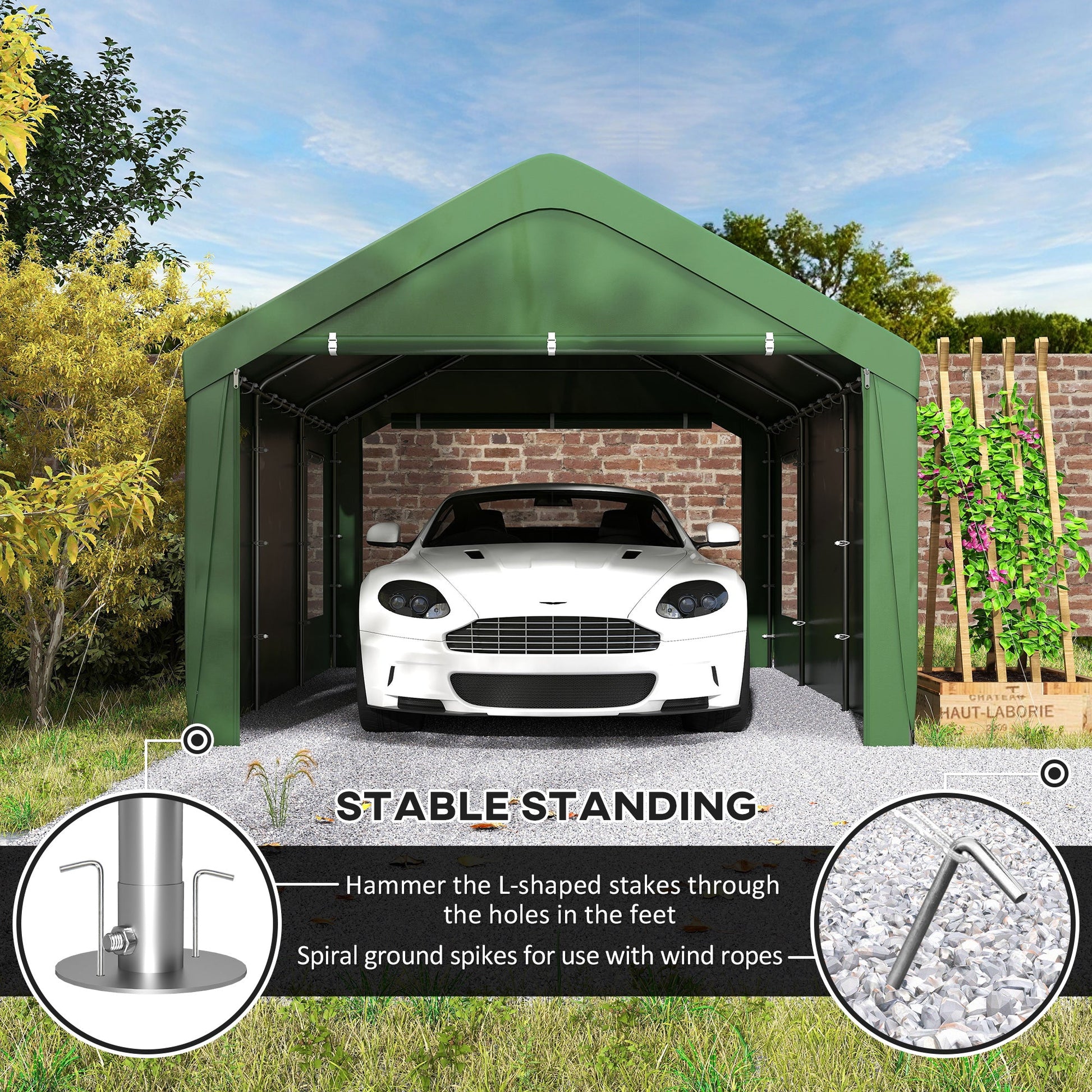 Carport, 12 x 20ft Portable Garage with 2 Roll-Up Doors and 4 Windows, Heavy Duty Outdoor Car Shelter with Removable Sidewalls for Car, Truck, Garden Tools, Dark Green