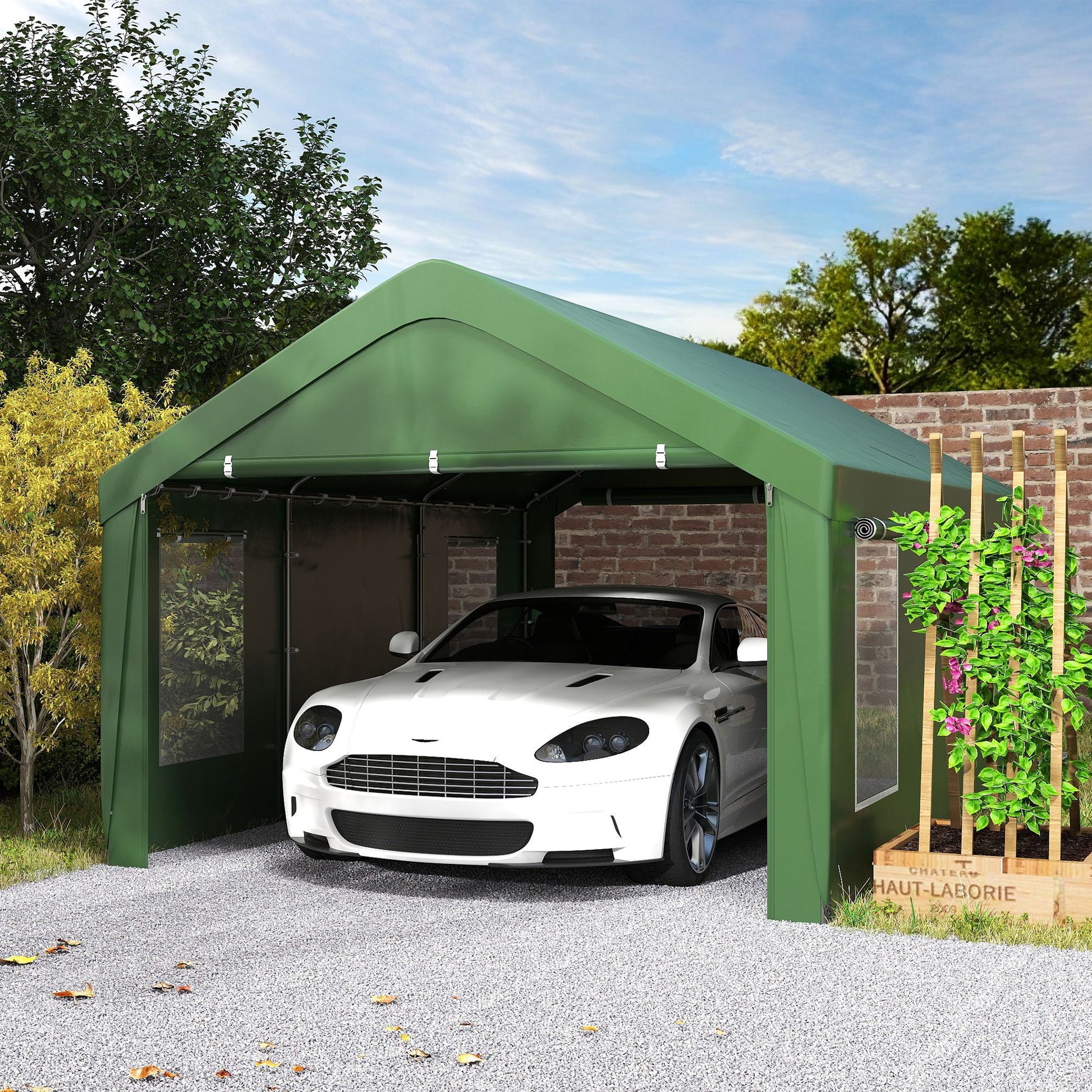 Carport, 12 x 20ft Portable Garage with 2 Roll-Up Doors and 4 Windows, Heavy Duty Outdoor Car Shelter with Removable Sidewalls for Car, Truck, Garden Tools, Dark Green