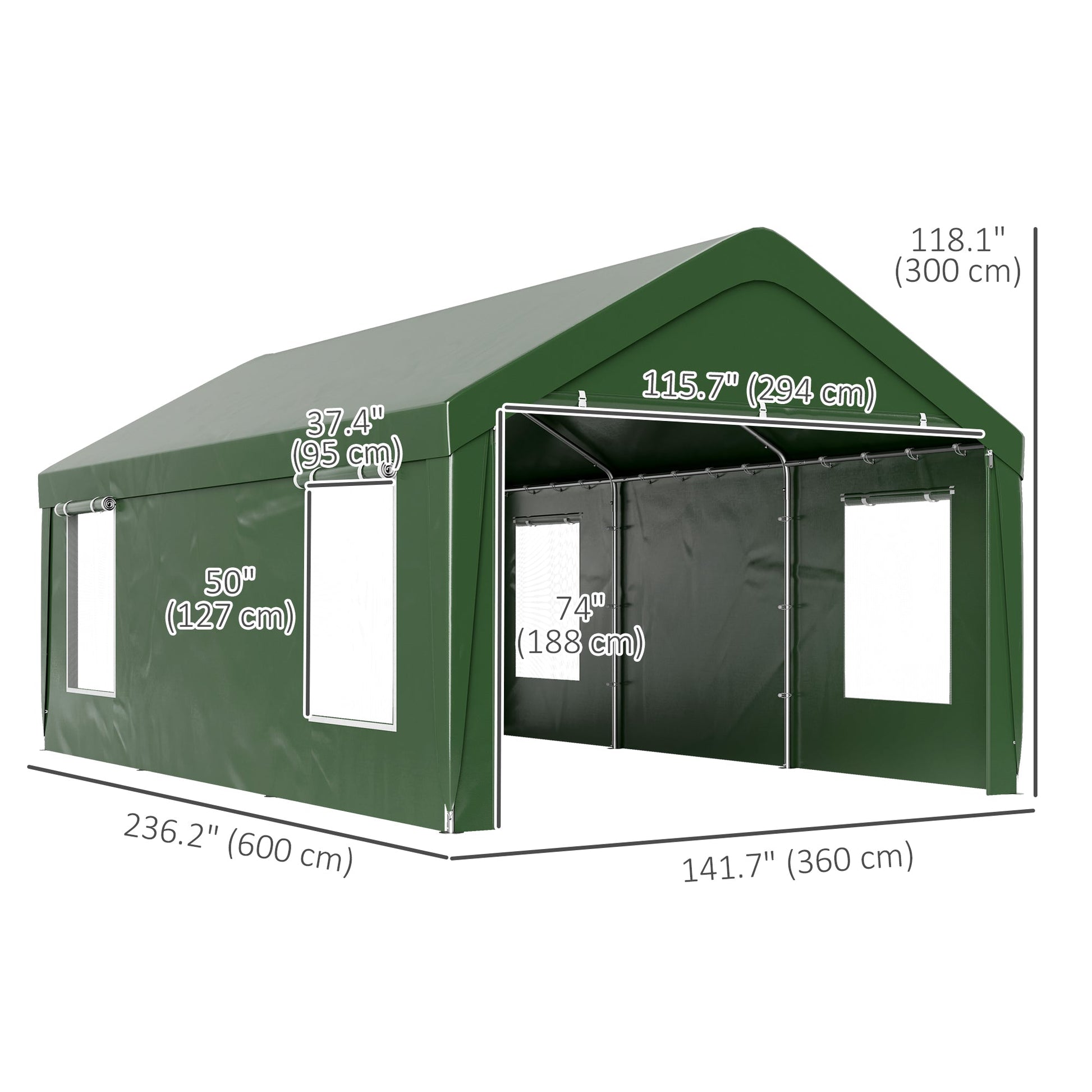 Carport, 12 x 20ft Portable Garage with 2 Roll-Up Doors and 4 Windows, Heavy Duty Outdoor Car Shelter with Removable Sidewalls for Car, Truck, Garden Tools, Dark Green
