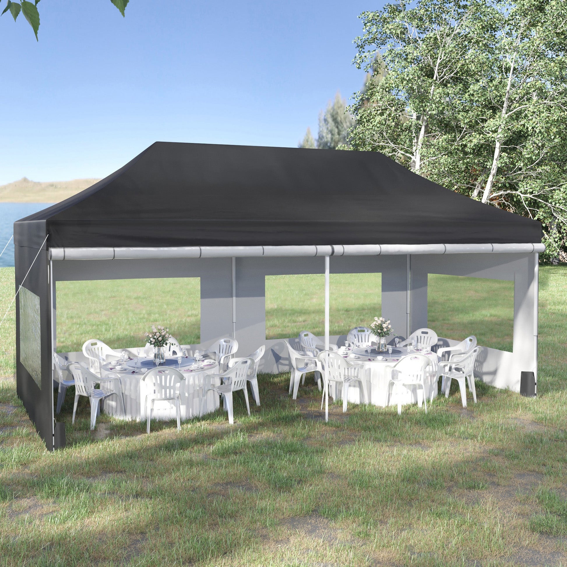 20' x 10' Pop Up Canopy Tent Instant Folding Shelter Gazebo with Removable Sidewalls, 6 Windows, 4 Sand Weights Bags and Carrying Bag, Black