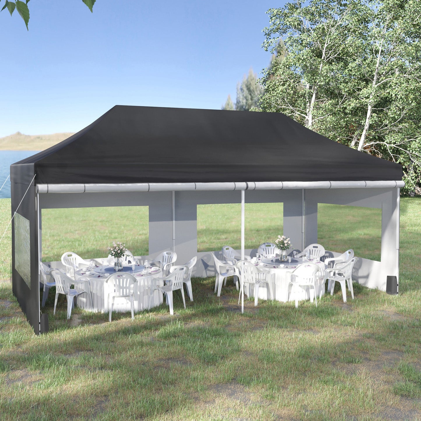 20' x 10' Pop Up Canopy Tent Instant Folding Shelter Gazebo with Removable Sidewalls, 6 Windows, 4 Sand Weights Bags and Carrying Bag, Black