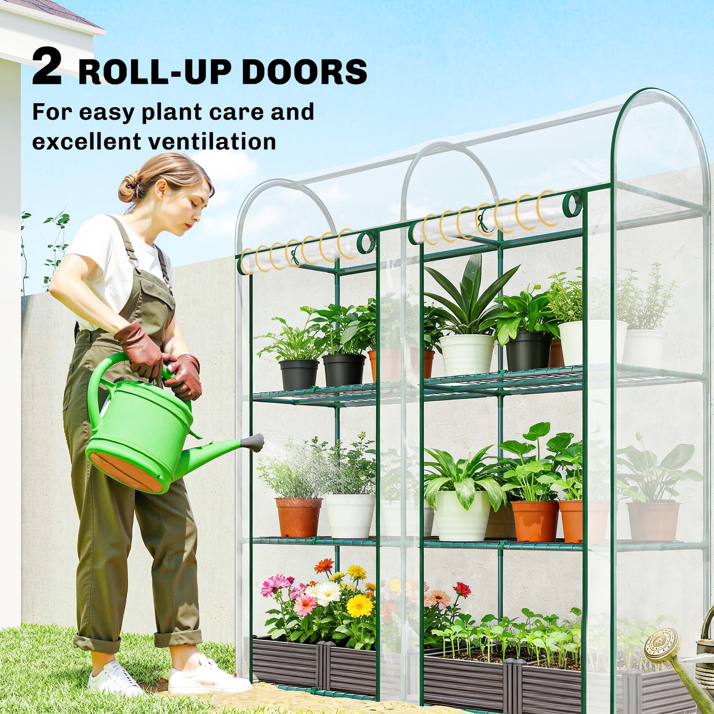 3 Tier Mini Greenhouse, Portable Greenhouse with 2 Roll-up Doors, Garden Hot House for Patio Garden Backyard, 56.3" x 18.1" x 64.6", Clear