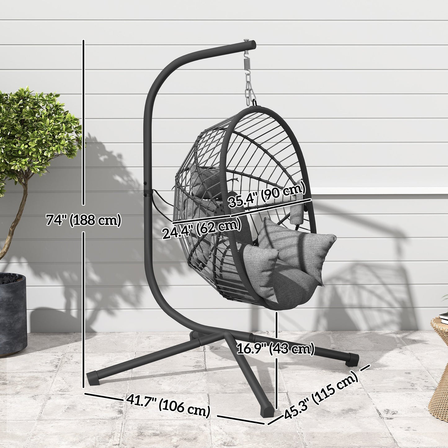 Hanging Egg Chair with Thick Padded Cushion, Foldable Wicker Egg Swing Chair with Metal Stand, Hammock Chair with Cup Holder, Rope Structure, for Indoor and Outdoor, Grey