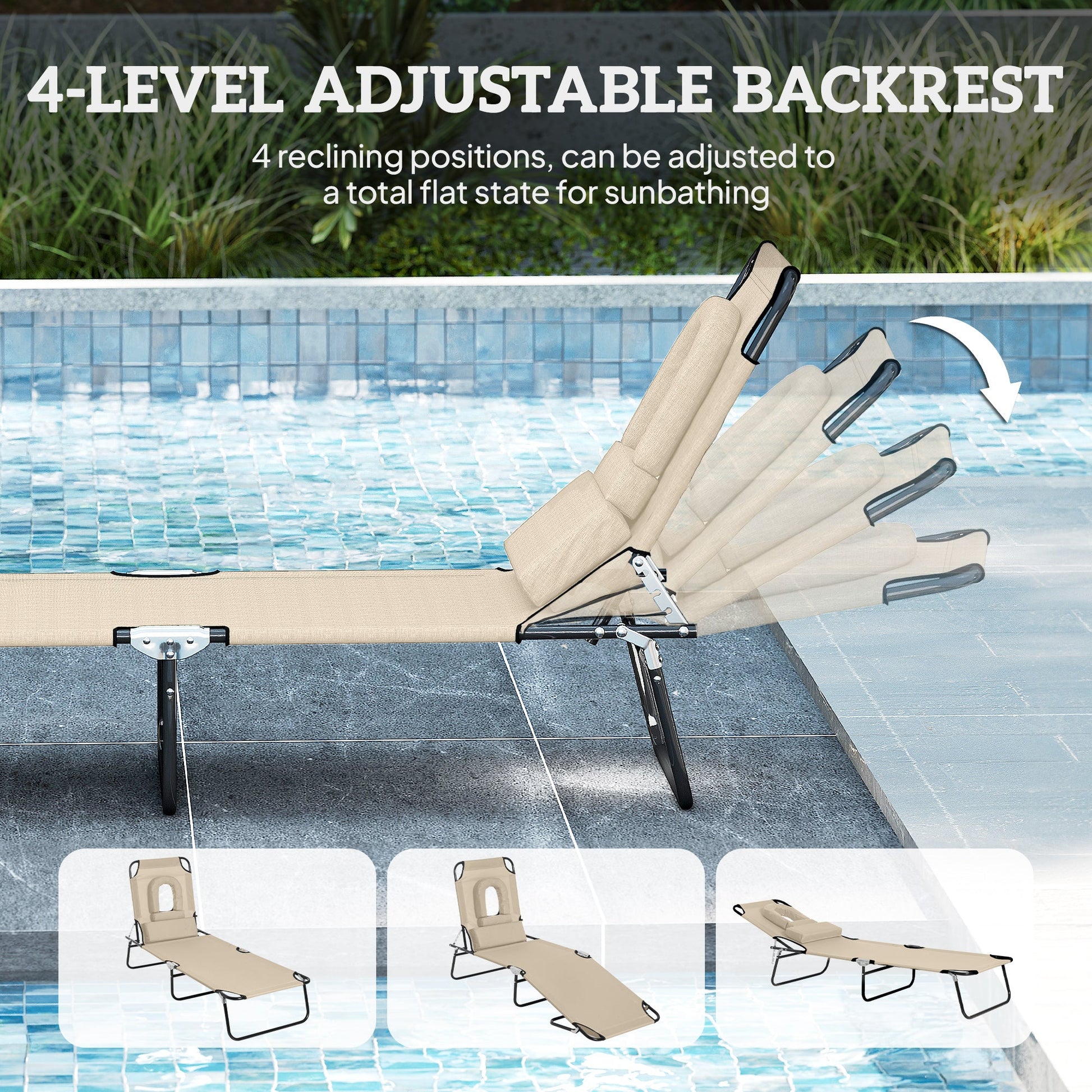 Adjustable Outdoor Lounge Chair, Garden Folding Chaise Lounge with Face Hole Reclining Tanning Chair Seat, Folding Camping Beach Lounging Bed w/ Support Pillow, Beige