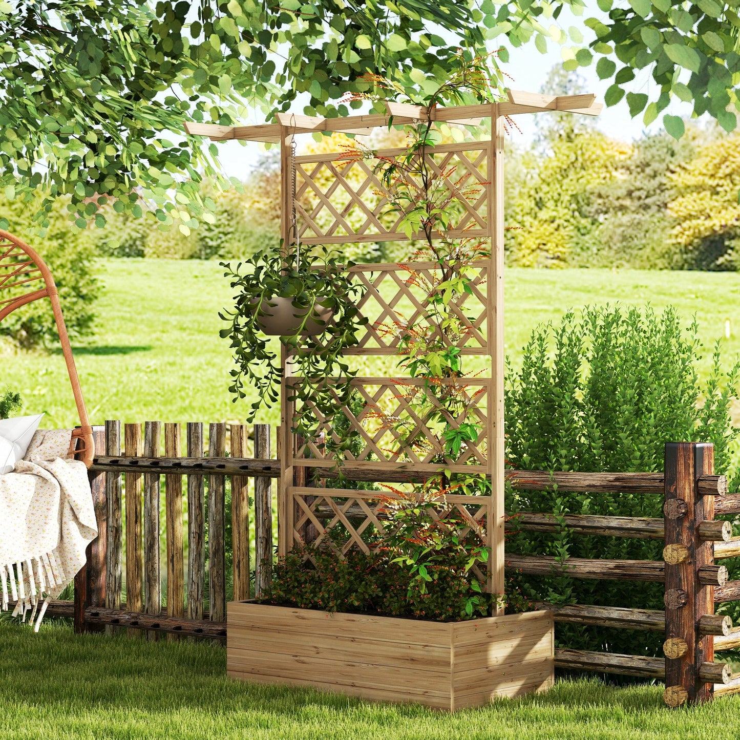 Raised Garden Bed, Wood Planter with Trellis for Vine Climbing, Privacy Screen Planter Box with Roof to Grow Flowers Vegetables Herbs for Backyard Patio Deck, Natural