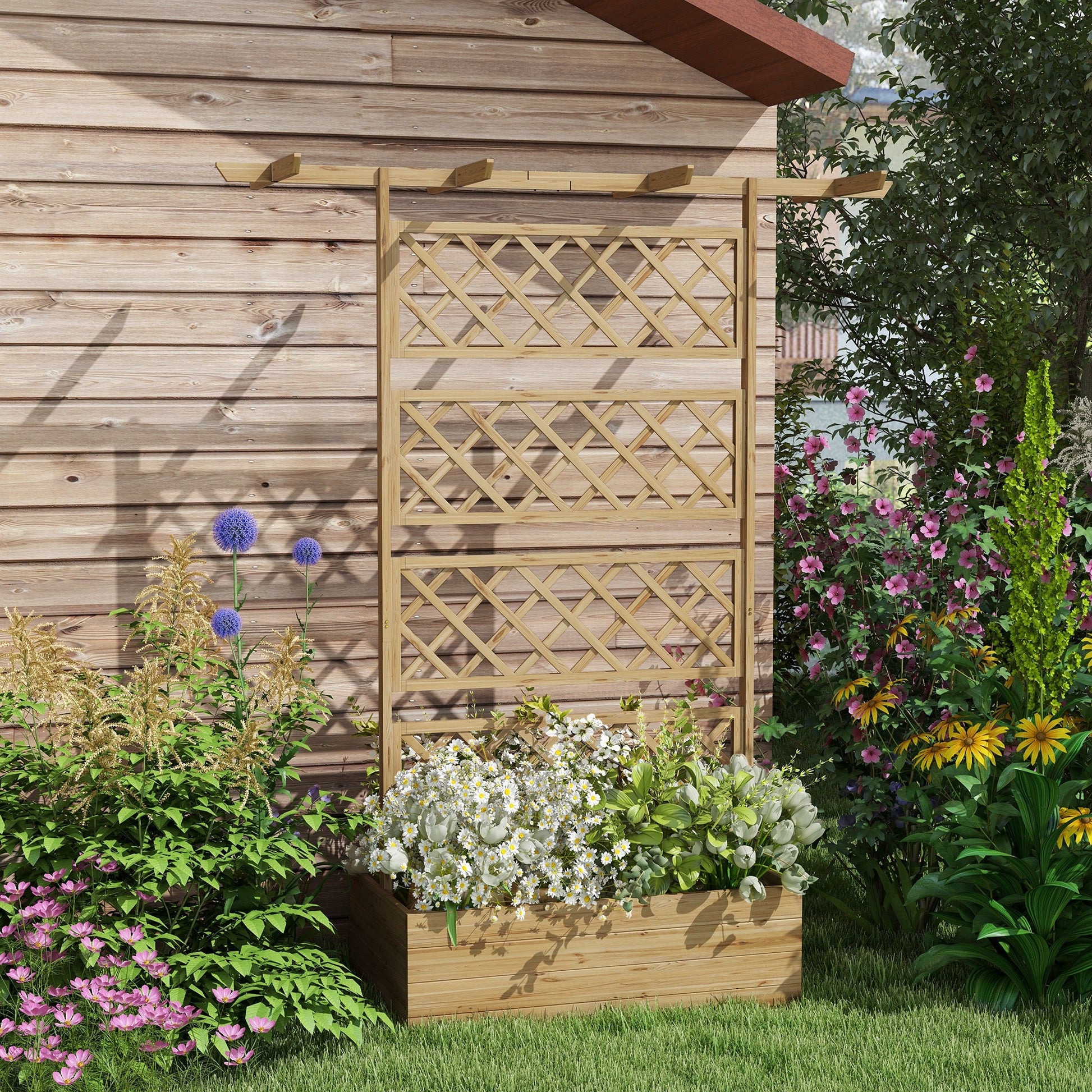 Raised Garden Bed, Wood Planter with Trellis for Vine Climbing, Privacy Screen Planter Box with Roof to Grow Flowers Vegetables Herbs for Backyard Patio Deck, Natural