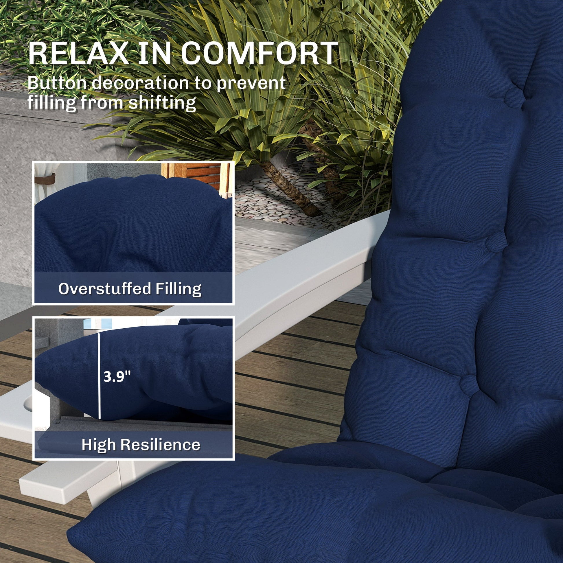 Adirondack Chair Cushions Set of 2, Tufted Lawn Chair Cushions, High Back Patio Chair Cushions with Ties, Non-Slip Muskoka Chair Cushions, Navy Blue