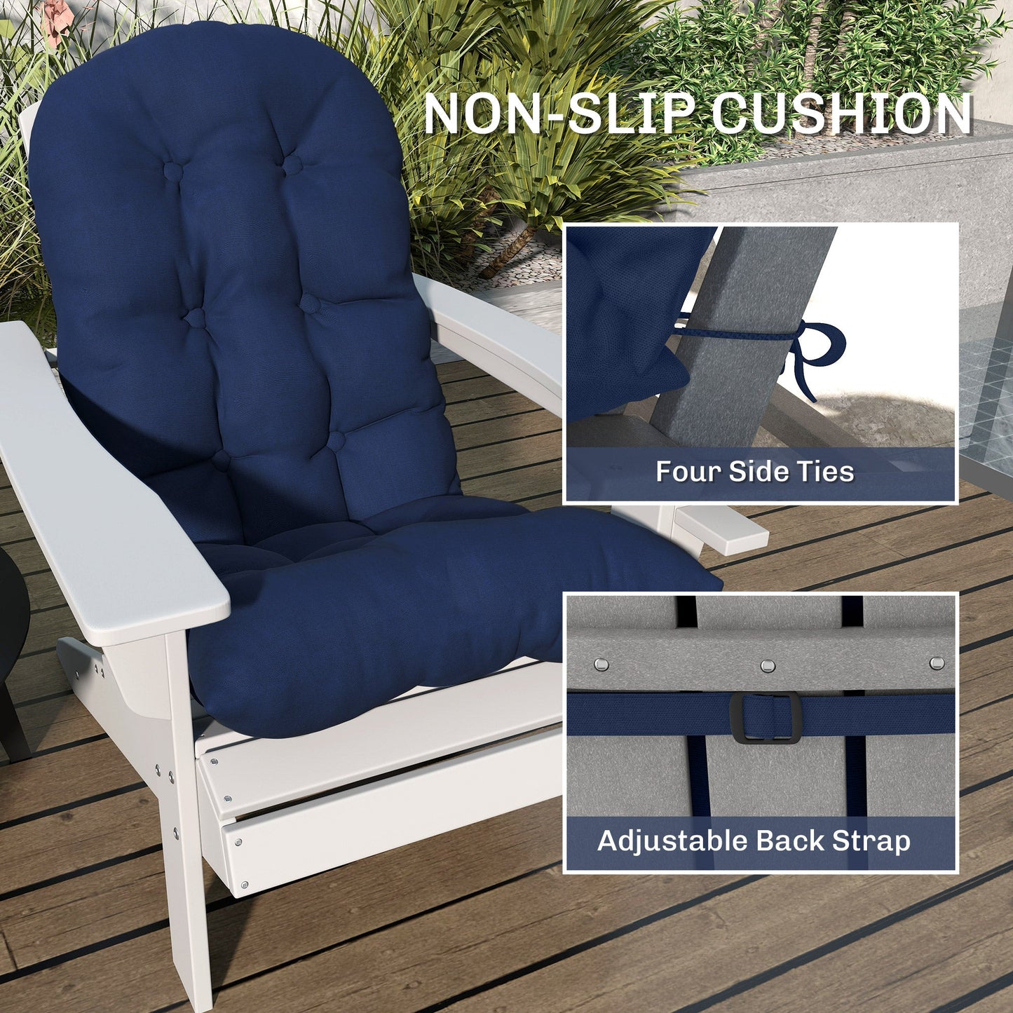 Adirondack Chair Cushions Set of 2, Tufted Lawn Chair Cushions, High Back Patio Chair Cushions with Ties, Non-Slip Muskoka Chair Cushions, Navy Blue