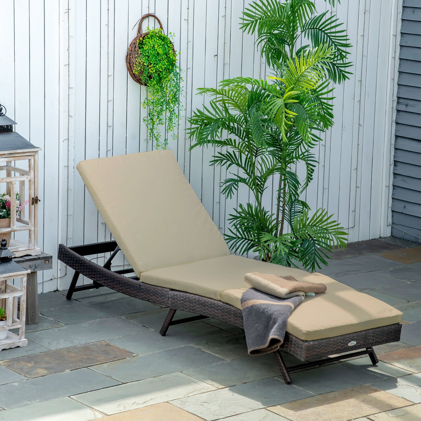 Wicker Patio Lounger, Outdoor S Shape Recliners Lounge Chair w/ 5-Level Adjustable Backrest, Soft Padded Cushion for Outdoor Use, Khaki