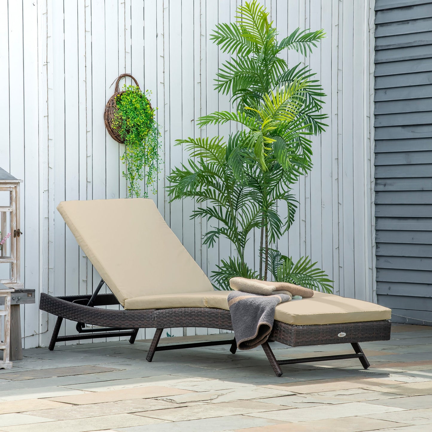 Wicker Patio Lounger, Outdoor S Shape Recliners Lounge Chair w/ 5-Level Adjustable Backrest, Soft Padded Cushion for Outdoor Use, Khaki