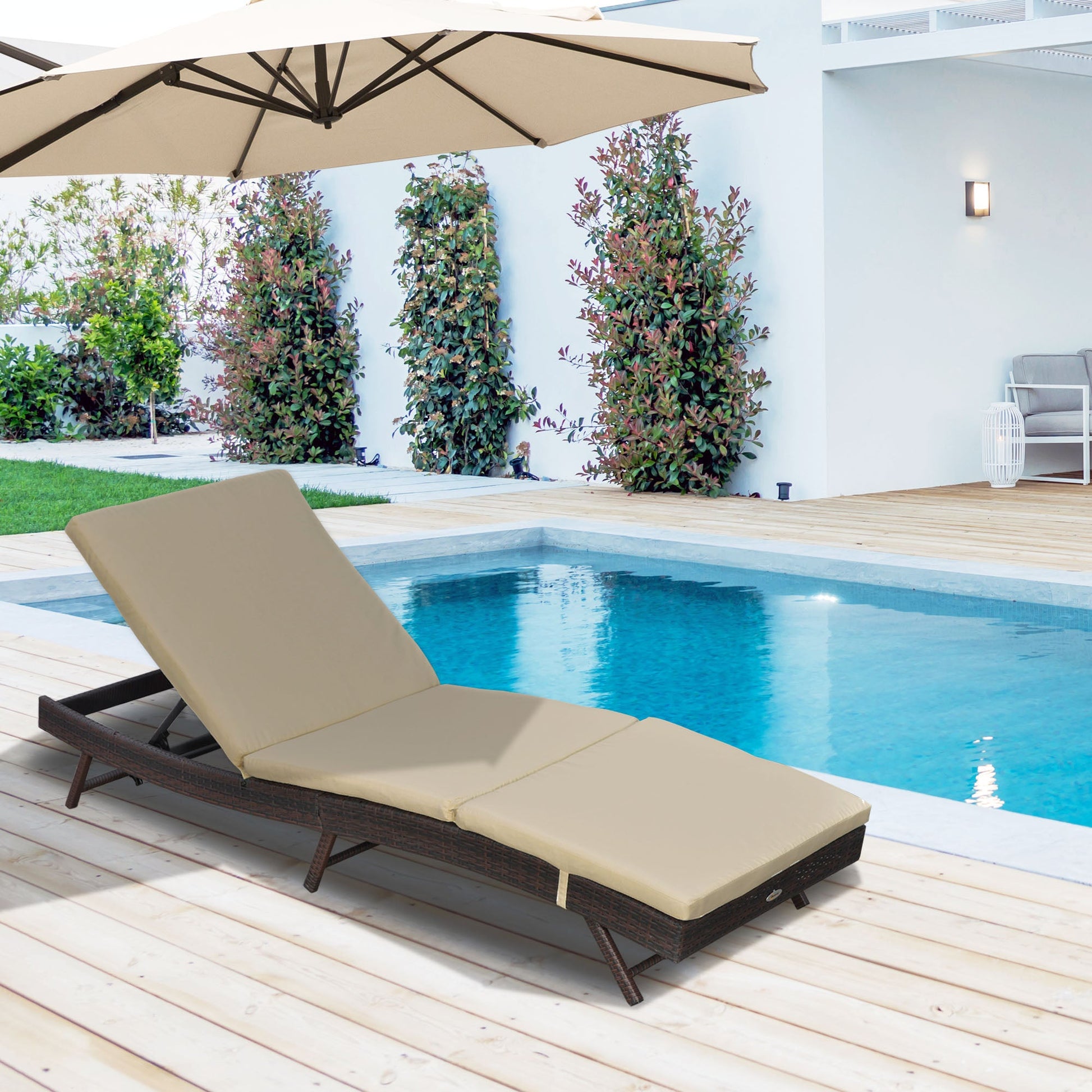 Wicker Patio Lounger, Outdoor S Shape Recliners Lounge Chair w/ 5-Level Adjustable Backrest, Soft Padded Cushion for Outdoor Use, Khaki