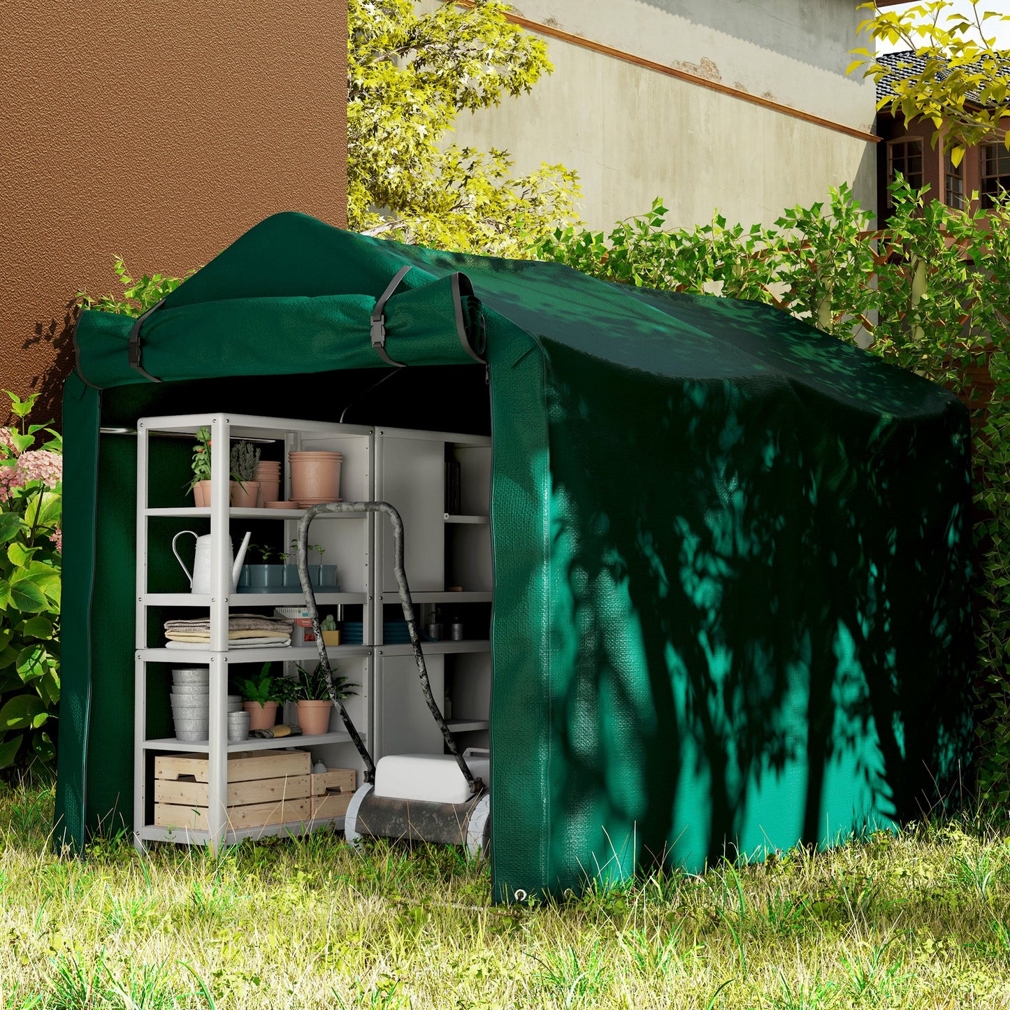 7' x 5' Garden Storage Tent, UV Resistant Bike Shed, Patio Storage Shelter with Roll-up Zipper Door, Outdoor Waterproof Carport Shelter for Bike, Motorcycle, Dark Green